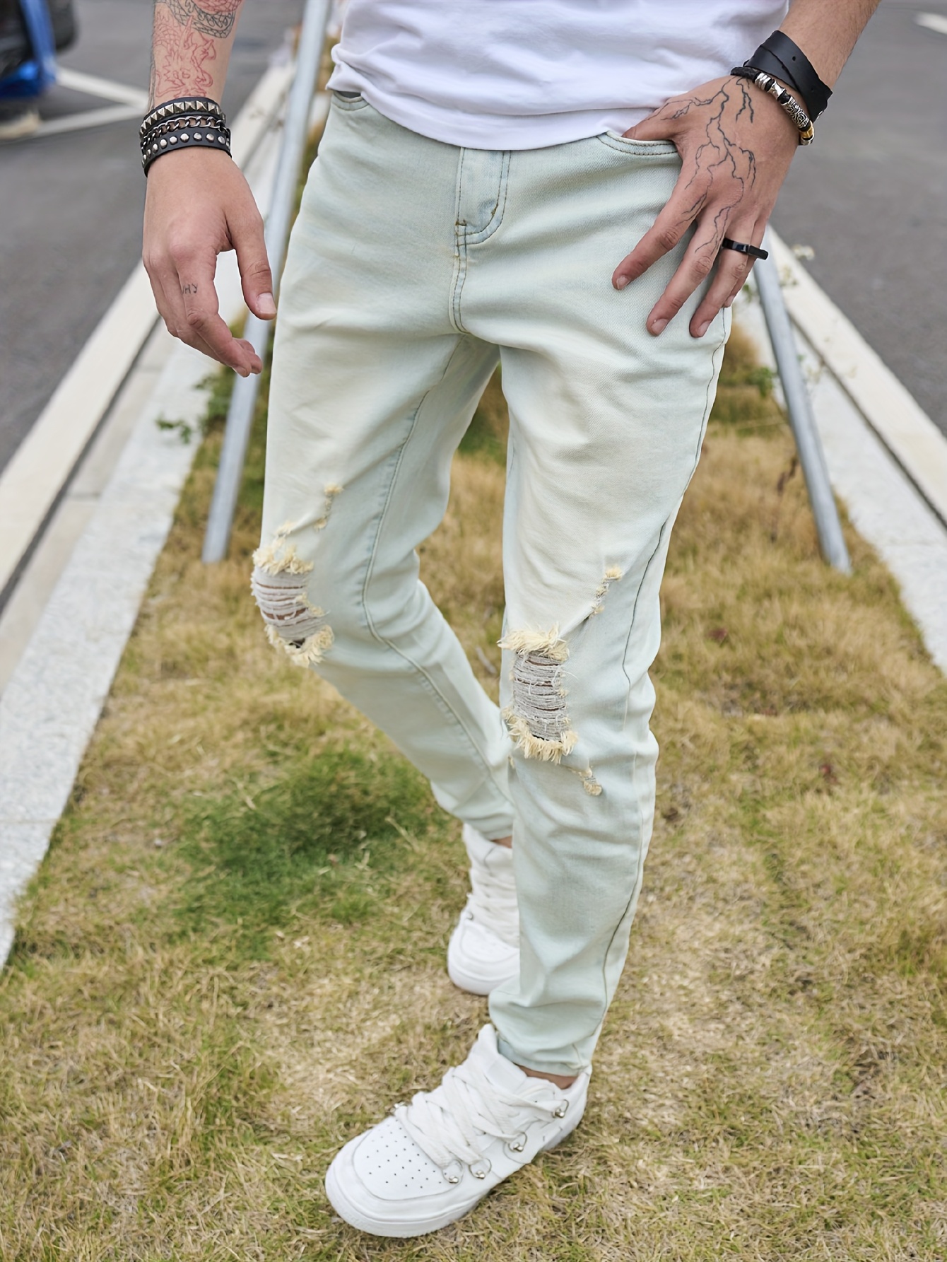 Men's Vintage Distressed Skinny Jeans - Light Blue Washed Stretch Denim with Frayed Hem & Ripped Knee, Slim-Fit Stretchable Classic Five-Pocket Pants for Casual & Semi-Formal Outfits (Machine Washable)