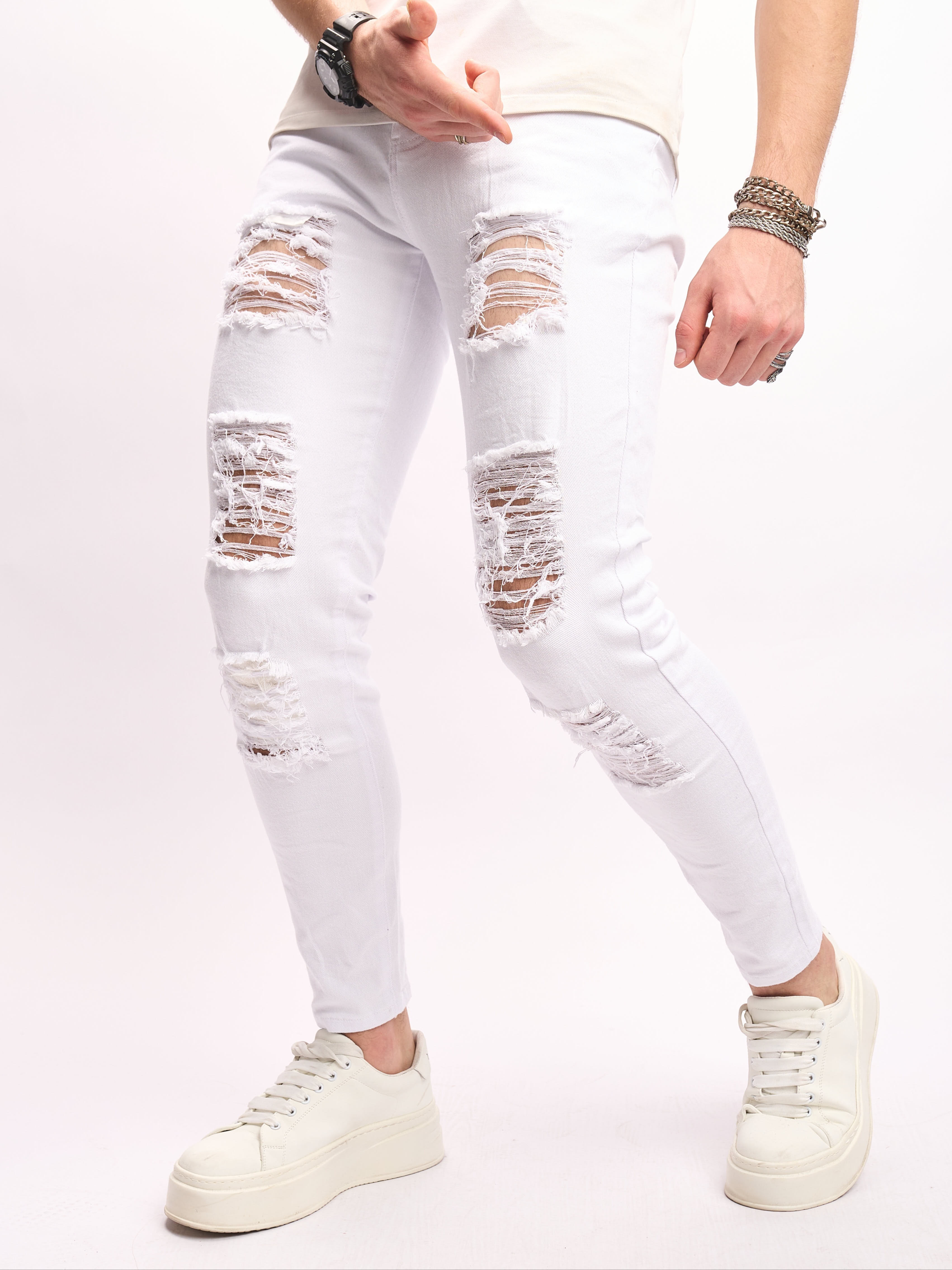 Men's Slim-Fit Straight-Leg White Jeans - Stretch Comfort Mid-Rise Office Commuter Pants, Machine Washable All-Season Casual Trousers for Adults