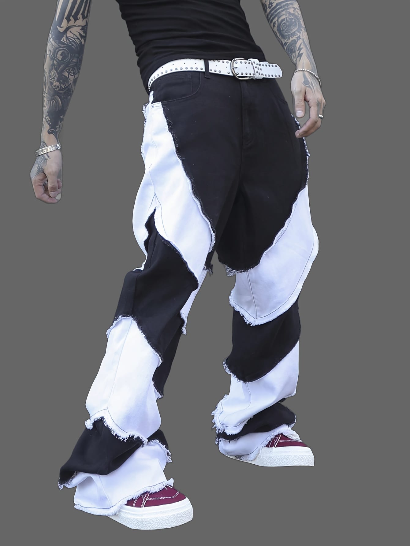 Men'S Black and White Color Block Cargo Pants, Loose Fit Wide Leg Jeans with Raw Wash Detail, Street Style Non-Stretch Denim for All Seasons, Casual Wear Pants | Streetwear Pants | Denim Fabric