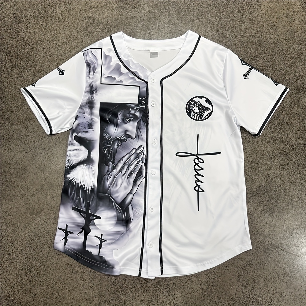 2025 Summer New Classic Prayer Jesus Tech Print Men'S Short Sleeve Baseball Jersey - Stylish Back Wing Design, Polyester Knit Fabric, Button-Up with Black Trim, Perfect for Sports & Casual Wear, Casual Sportswear | Prayer Design | Knit Construction, Baseball Jersey