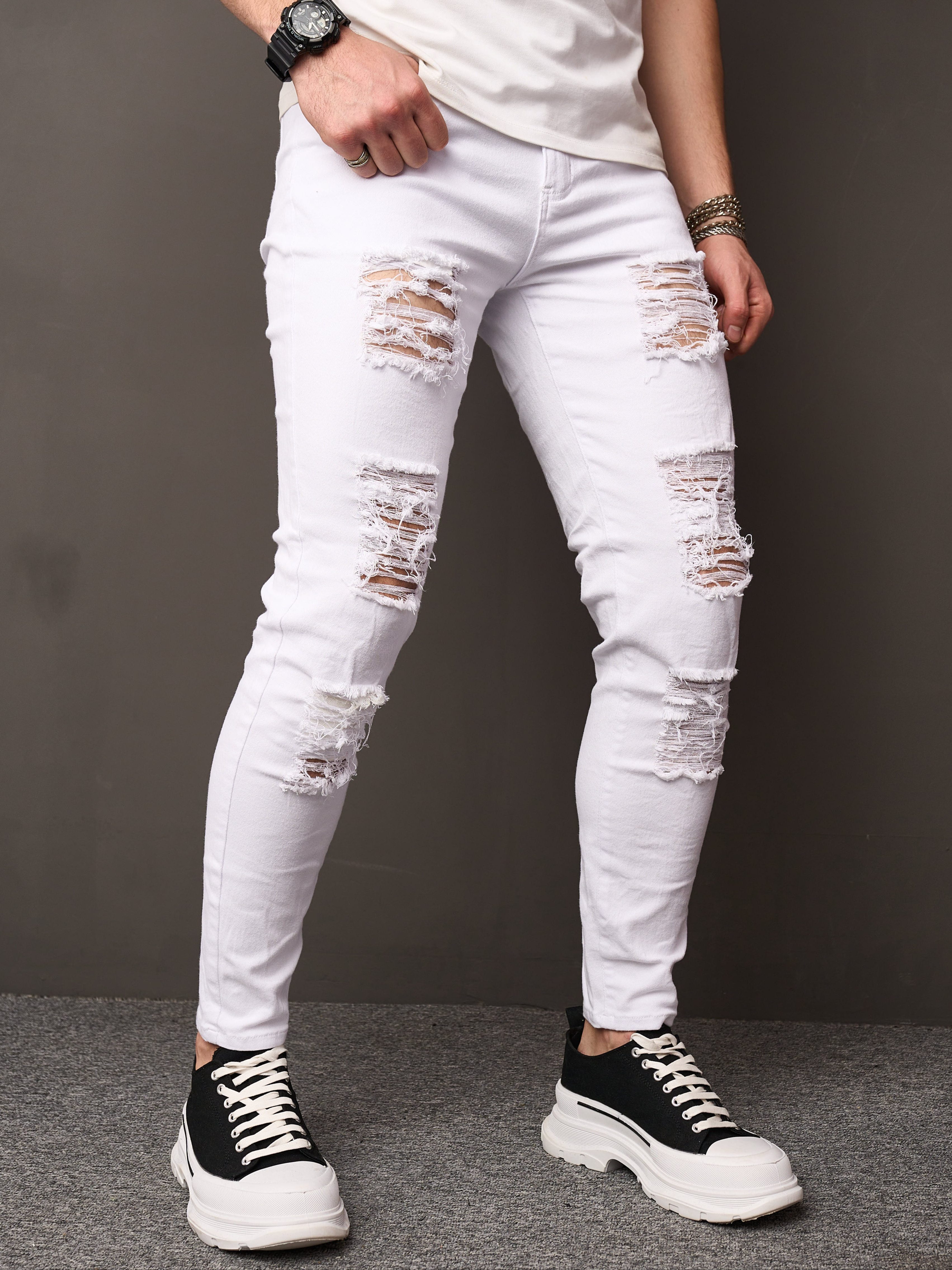 Men's Slim-Fit Straight-Leg White Jeans - Stretch Comfort Mid-Rise Office Commuter Pants, Machine Washable All-Season Casual Trousers for Adults