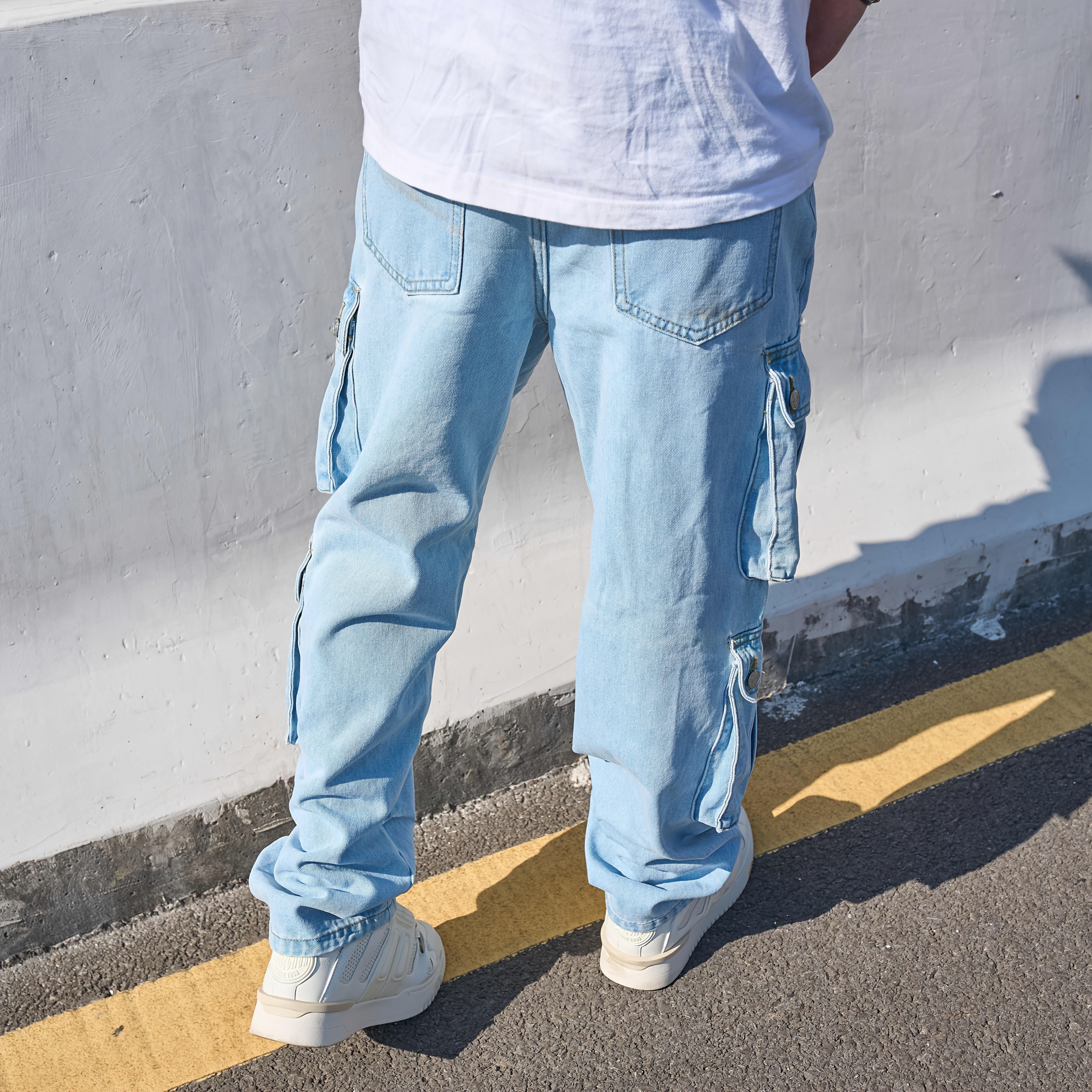 Men's Relaxed Fit Straight-Leg Cargo Jeans - Mid-Length Workwear Style with Multiple Utility Pockets, Solid Color Denim, Machine Washable Casual Pants for All-Season Comfort, Straight Leg Jeans, Allseasons Attire, Nonstretch Denim
