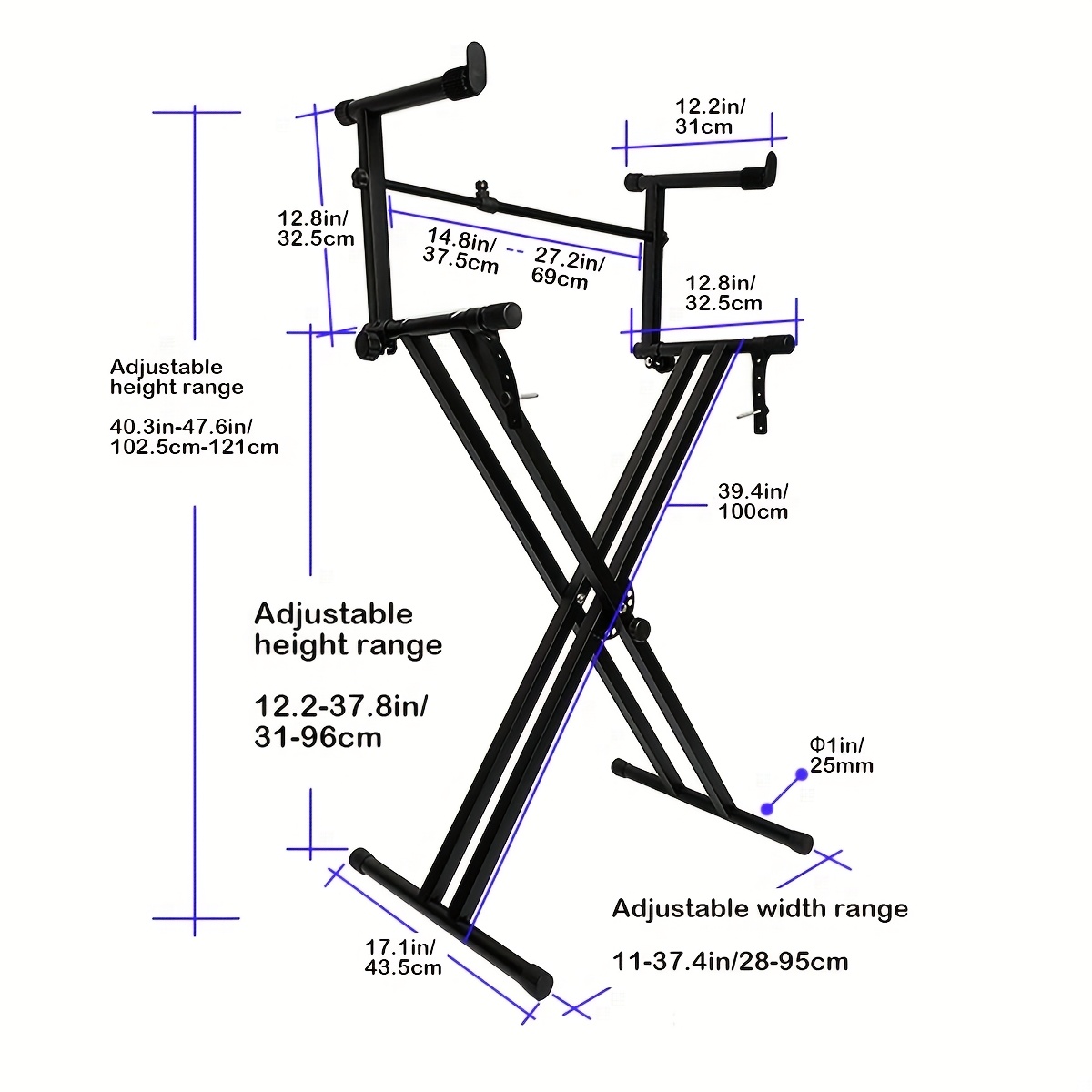 Pro Series Heavy-Duty Portable 2-Tier Keyboard Stand with Locking System & Sturdy A-Frame Design - Heavy-Duty Construction, Adjustable Height, Space-Saving Sturdy Legs for Piano/Keyboards - Ideal for Studios, Performances, Practice - Compatible with Grand/Piano/Stage Pianos (Locking Straps Included) - Sleek Black Color, Sturdy Frame & Legs, Secure Locking Mechanism for Stability & Safety, Keyboard Piano Hanger, Piano Portable Lightweight Stand, Double Layer Keyboard Stand,