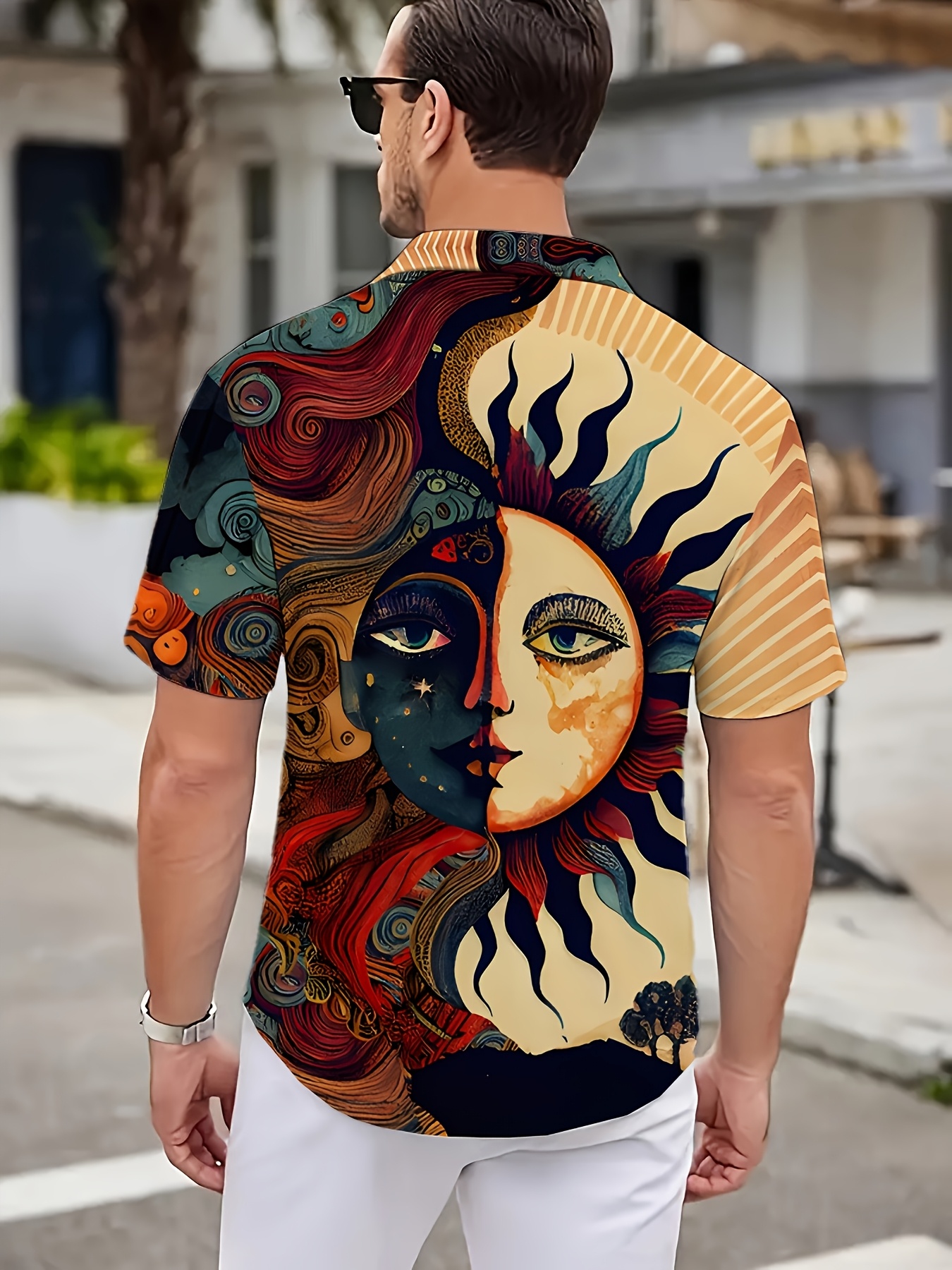 Men'S Summer Short Sleeve Shirt - Vibrant Sun and Moon Design, Casual Button-Up Style, Non-Stretch Fabric, Regular Fit, Perfect for Casual Attire, Summer Casual Wear | Vibrant Print Shirt | Nonstretch Fabric