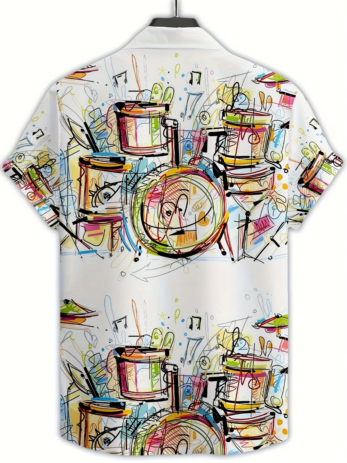 Men's short-sleeve shirt with a 3D printed colorful drum set music element graffiti pattern, featuring simple lines that add softness and artistic flair, combining elegance and fashionability, suitable for casual or light business occasions