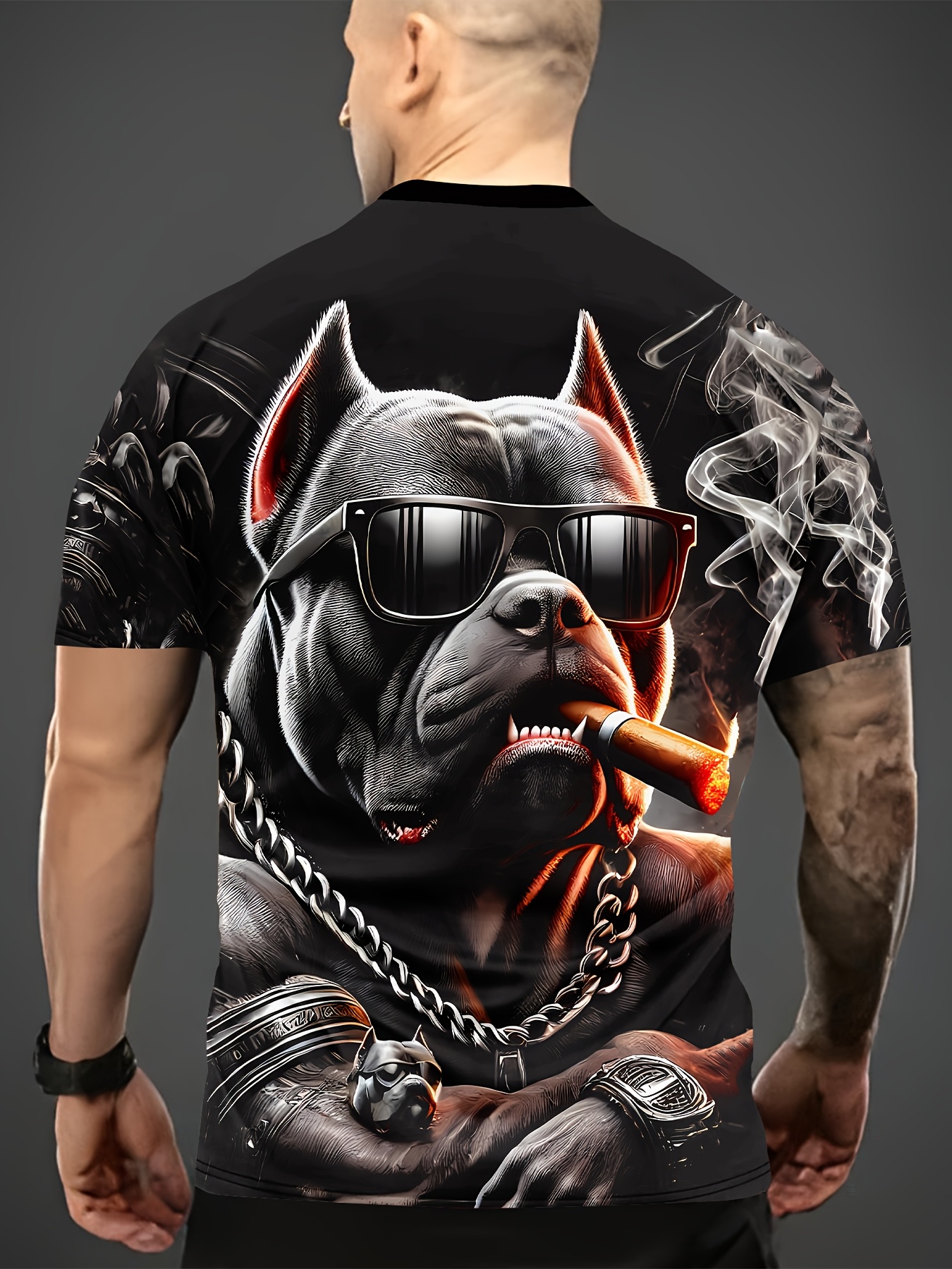 Men's 3D Printed Graphic T-Shirt with Distressed Dog & Chains Design - Breathable Summer Short Sleeve Tee, Micro Elastic Round Neck, Machine Washable for Outdoor Sports & Casual Wear - Ideal Gift for Men, Leisure Apparel
