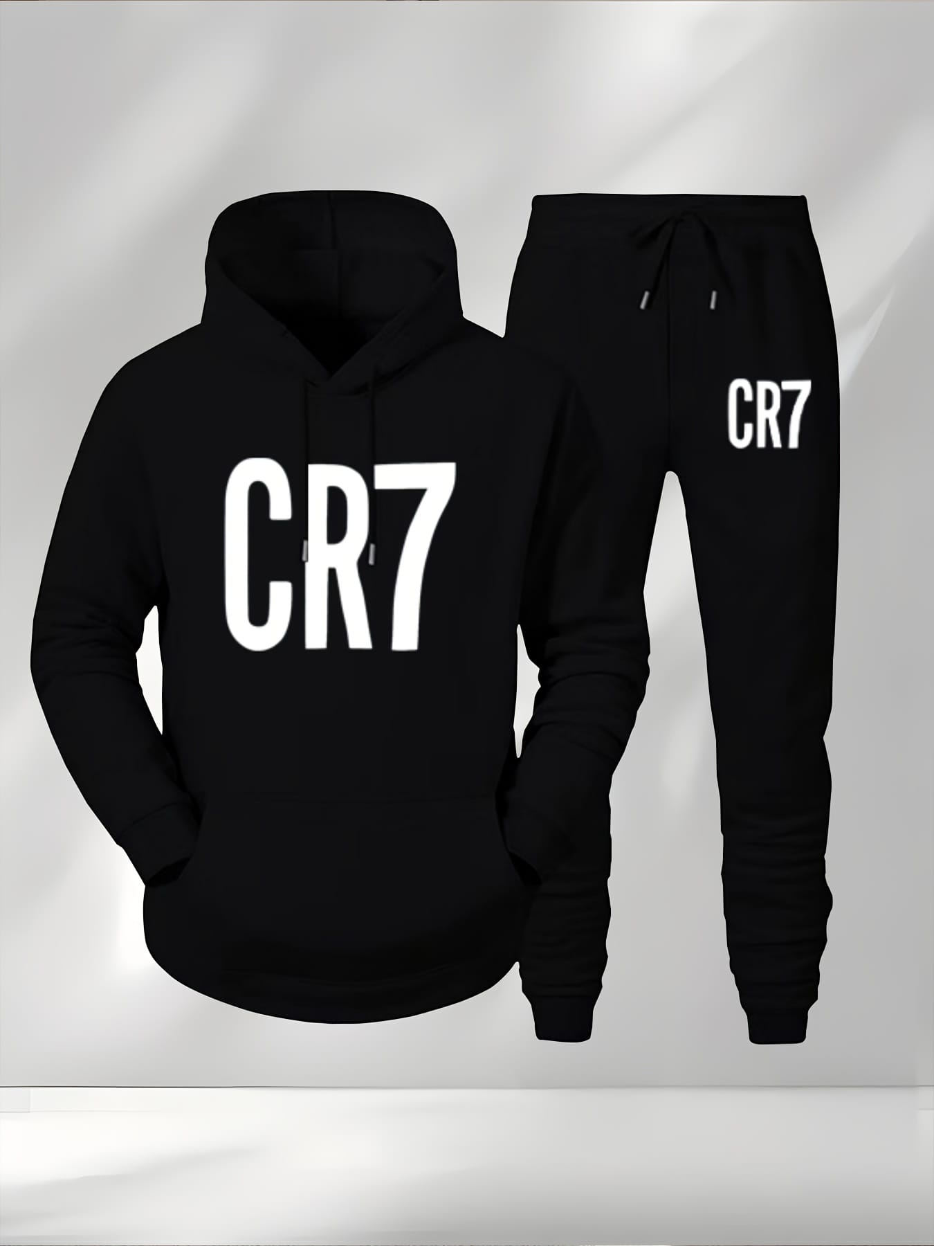 Men'S CR7 Soccer Jersey - Black Hooded Sweatshirt & Joggers Set, Quick-Dry Polyester, Loose Fit, Geometric Pattern, Ideal for Fall/Winter Sports & Casual Wear, Soccer Jersey|Casual Sportswear|Stretchy Fabric
