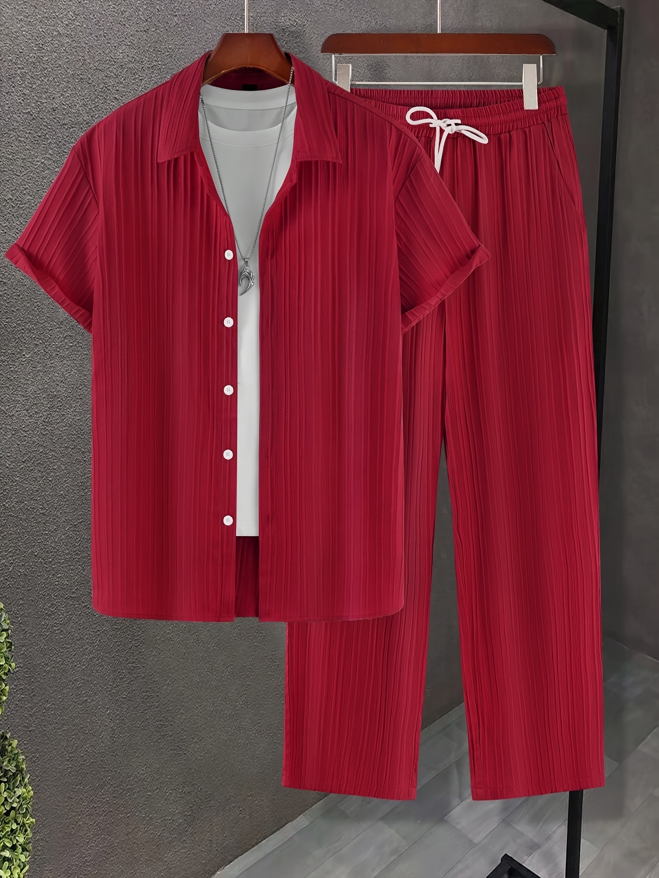 Men's Striped Casual Short-Sleeve Shirt + Drawstring Elastic Waist Pants Two-Piece Set for Holiday Outings