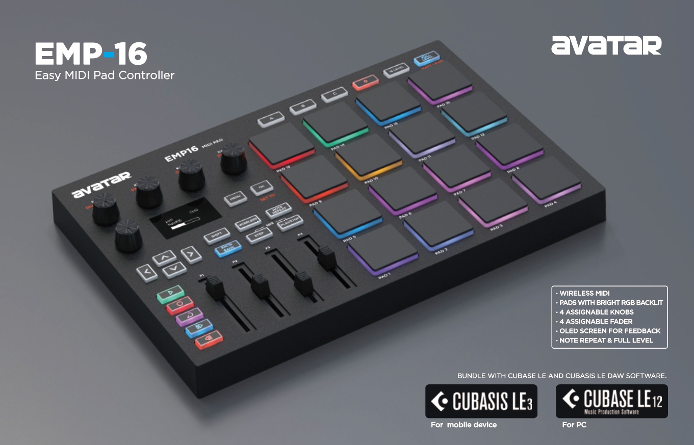 UTIMO MIDI Pad Controller Beat Maker Machine 16 RGB Velocity Sensitive Beat Pads, 16 Level, Full/Half Level, OLED Display, MIDI In/Out, USB Powered, Plastic, for Studio Recordin