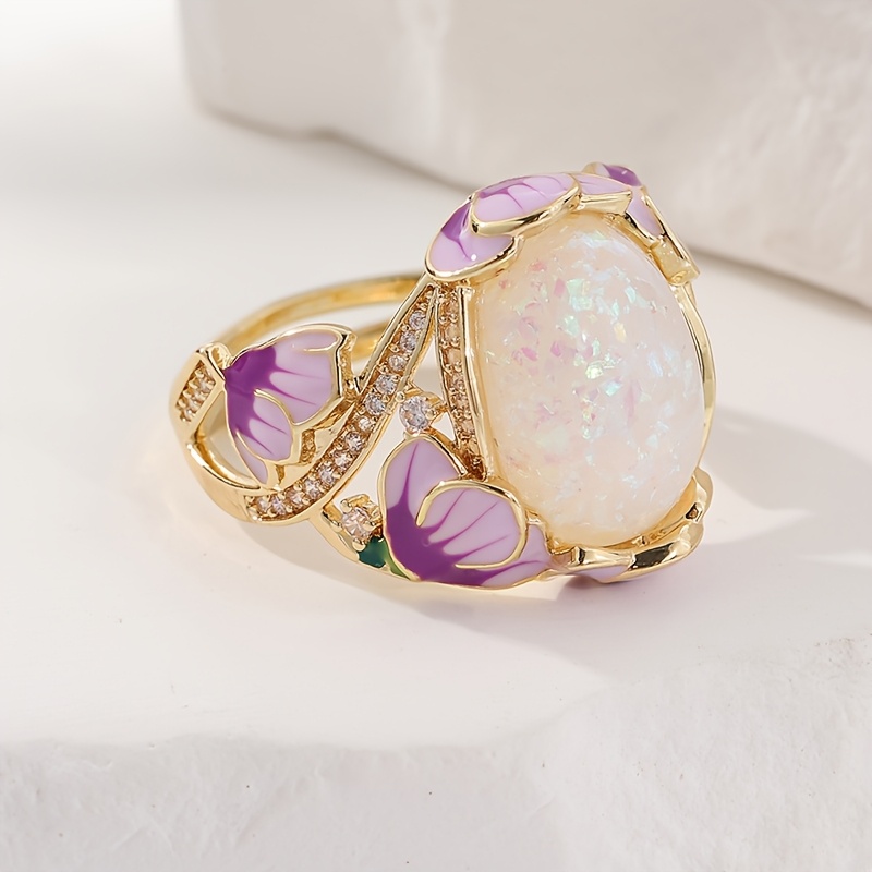 Vintage Floral Enamel Ring for Women - Boho Style Copper with Synthetic Cubic Zirconia, Purple & Green Flower Design, Perfect for Daily Wear or Gifting, Vintage Jewelry