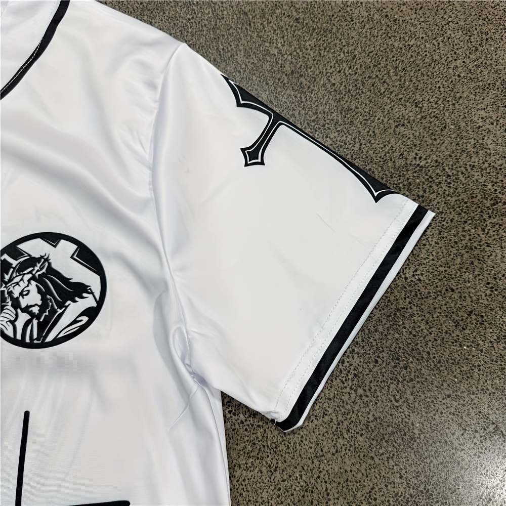 2025 Summer New Classic Prayer Jesus Tech Print Men'S Short Sleeve Baseball Jersey - Stylish Back Wing Design, Polyester Knit Fabric, Button-Up with Black Trim, Perfect for Sports & Casual Wear, Casual Sportswear | Prayer Design | Knit Construction, Baseball Jersey