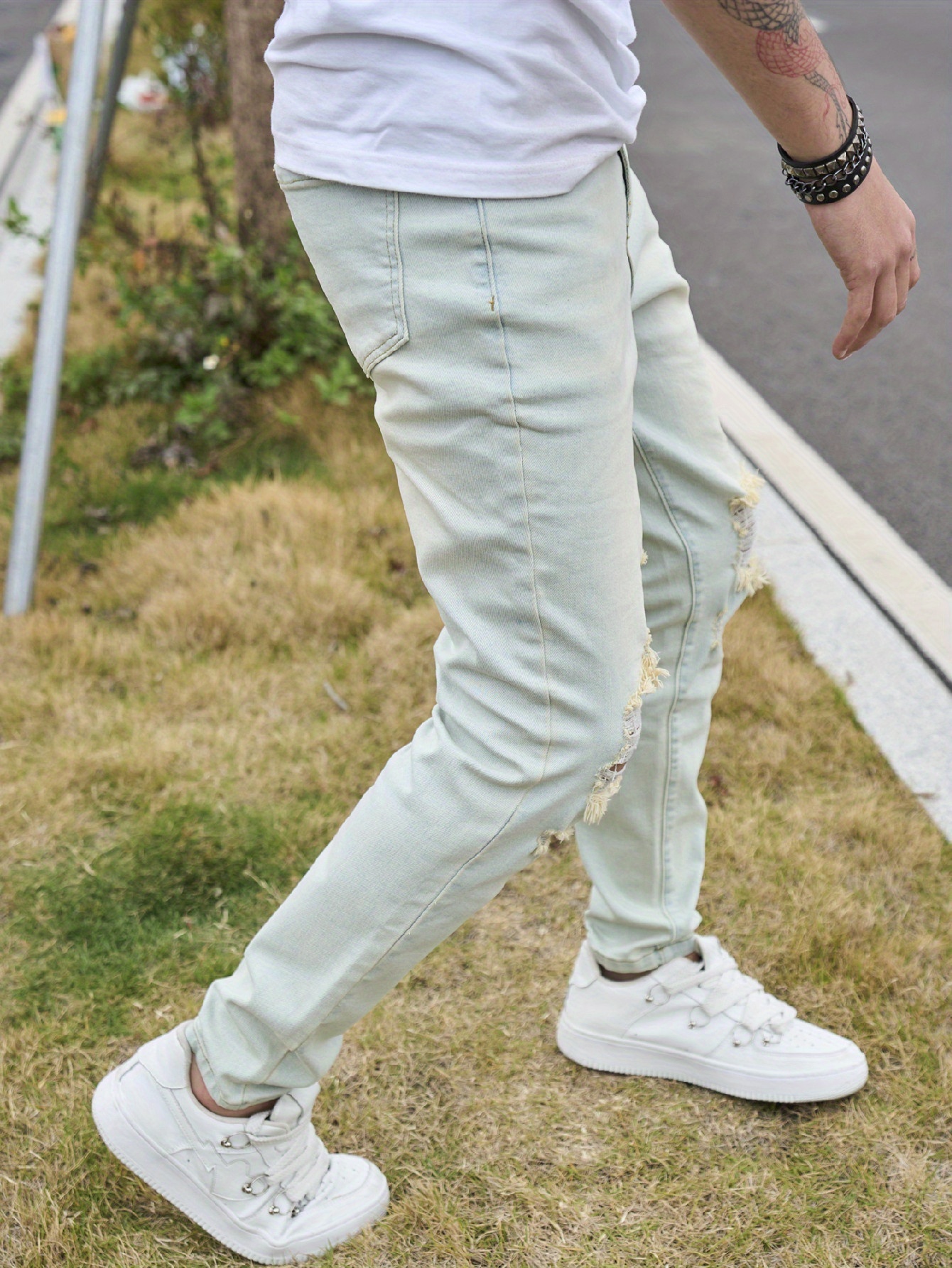 Men's Vintage Distressed Skinny Jeans - Light Blue Washed Stretch Denim with Frayed Hem & Ripped Knee, Slim-Fit Stretchable Classic Five-Pocket Pants for Casual & Semi-Formal Outfits (Machine Washable)