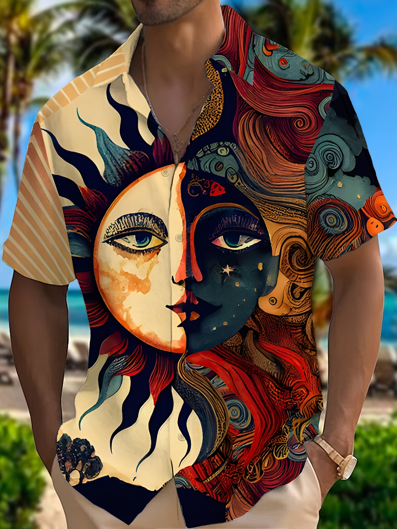 Men'S Summer Short Sleeve Shirt - Vibrant Sun and Moon Design, Casual Button-Up Style, Non-Stretch Fabric, Regular Fit, Perfect for Casual Attire, Summer Casual Wear | Vibrant Print Shirt | Nonstretch Fabric
