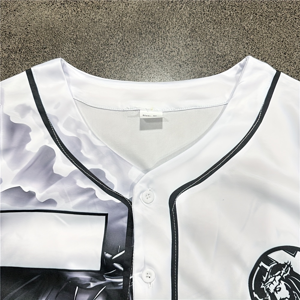 2025 Summer New Classic Prayer Jesus Tech Print Men'S Short Sleeve Baseball Jersey - Stylish Back Wing Design, Polyester Knit Fabric, Button-Up with Black Trim, Perfect for Sports & Casual Wear, Casual Sportswear | Prayer Design | Knit Construction, Baseball Jersey