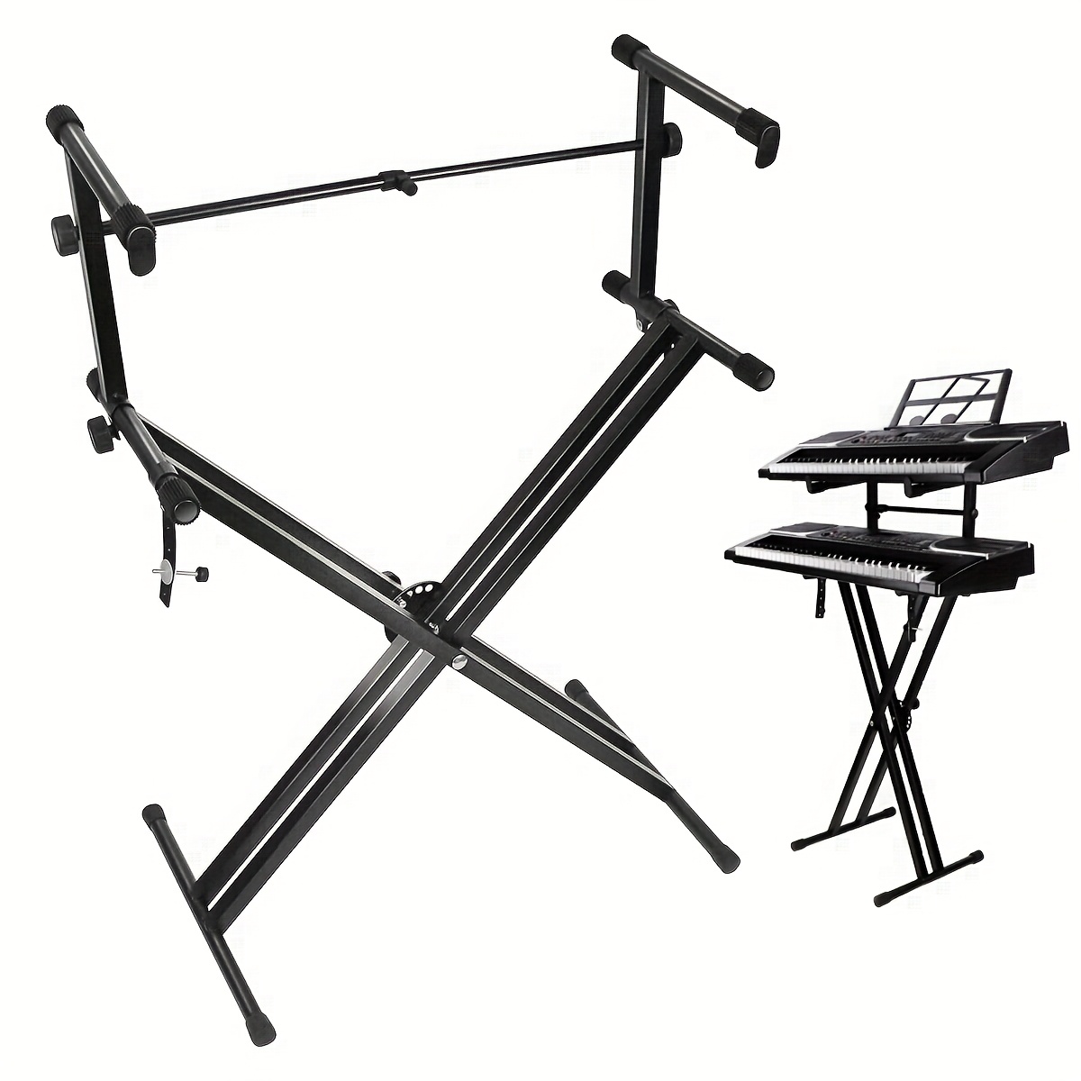 Pro Series Heavy-Duty Portable 2-Tier Keyboard Stand with Locking System & Sturdy A-Frame Design - Heavy-Duty Construction, Adjustable Height, Space-Saving Sturdy Legs for Piano/Keyboards - Ideal for Studios, Performances, Practice - Compatible with Grand/Piano/Stage Pianos (Locking Straps Included) - Sleek Black Color, Sturdy Frame & Legs, Secure Locking Mechanism for Stability & Safety, Keyboard Piano Hanger, Piano Portable Lightweight Stand, Double Layer Keyboard Stand,