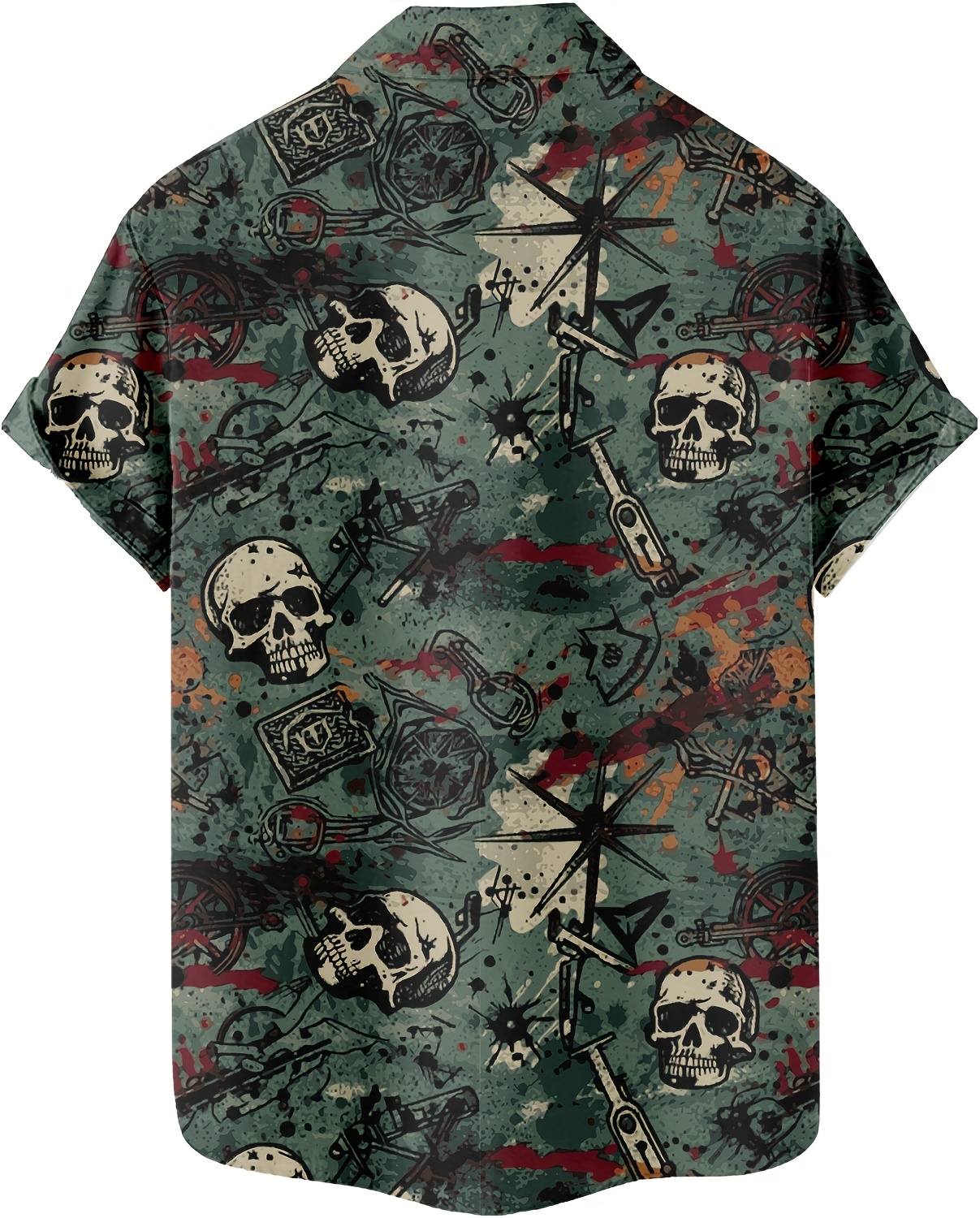 Men's Casual Short Sleeve Shirt with 3D Skull & Crossed Swords Print - 95% Polyester 5% Spandex Blend, Lightweight 100gsm Summer Streetwear, Hip-Hop Rock Graphic Tee, Regular Fit Button-Up