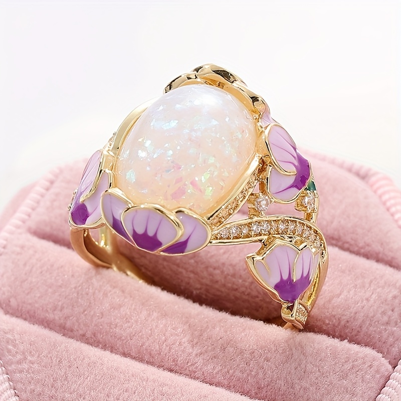 Vintage Floral Enamel Ring for Women - Boho Style Copper with Synthetic Cubic Zirconia, Purple & Green Flower Design, Perfect for Daily Wear or Gifting, Vintage Jewelry