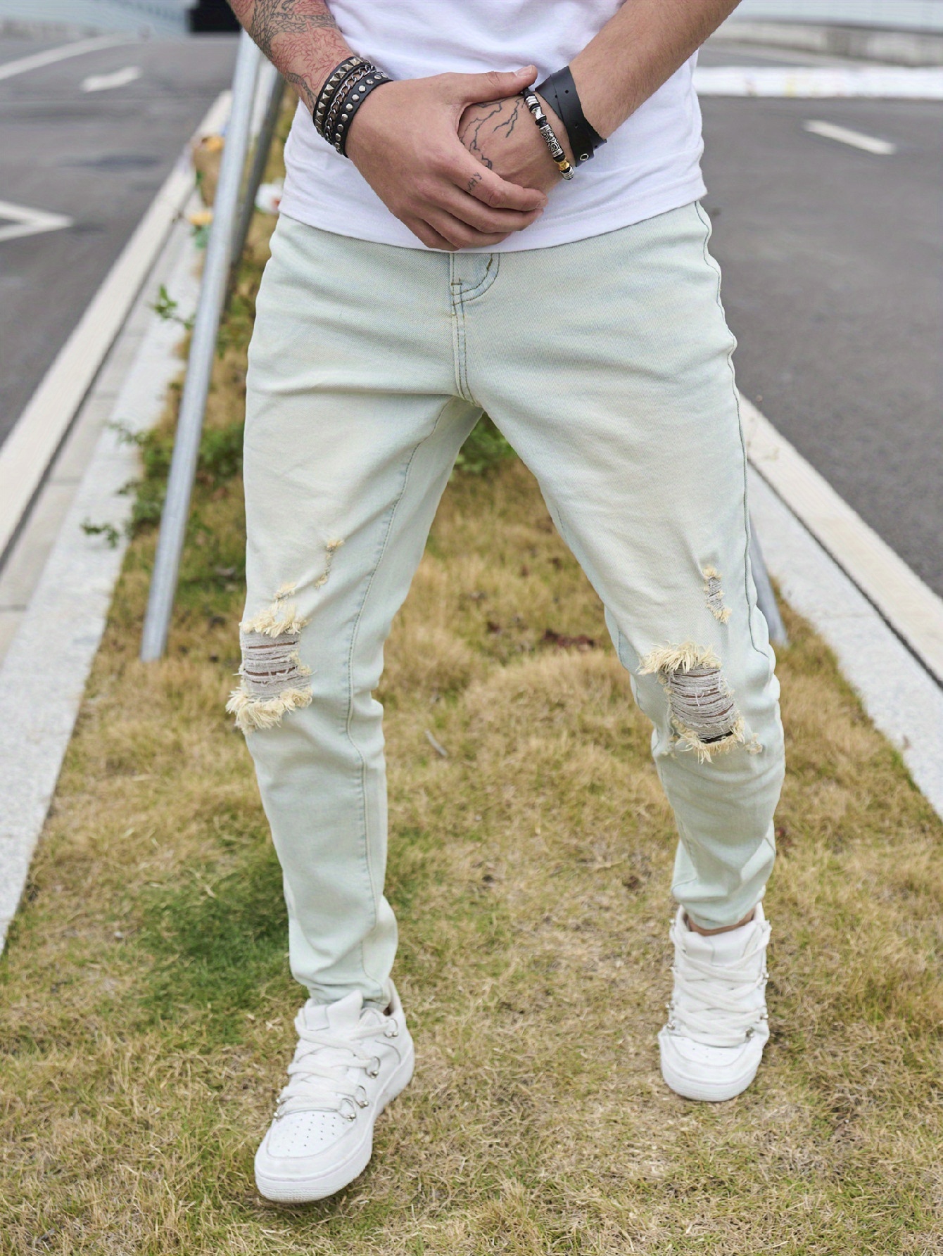 Men's Vintage Distressed Skinny Jeans - Light Blue Washed Stretch Denim with Frayed Hem & Ripped Knee, Slim-Fit Stretchable Classic Five-Pocket Pants for Casual & Semi-Formal Outfits (Machine Washable)