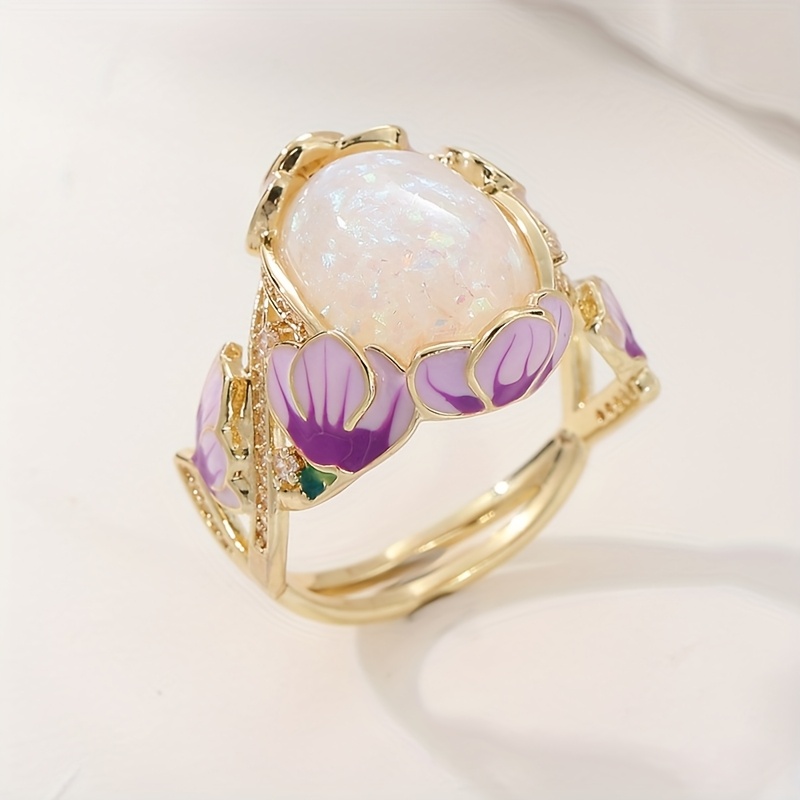 Vintage Floral Enamel Ring for Women - Boho Style Copper with Synthetic Cubic Zirconia, Purple & Green Flower Design, Perfect for Daily Wear or Gifting, Vintage Jewelry