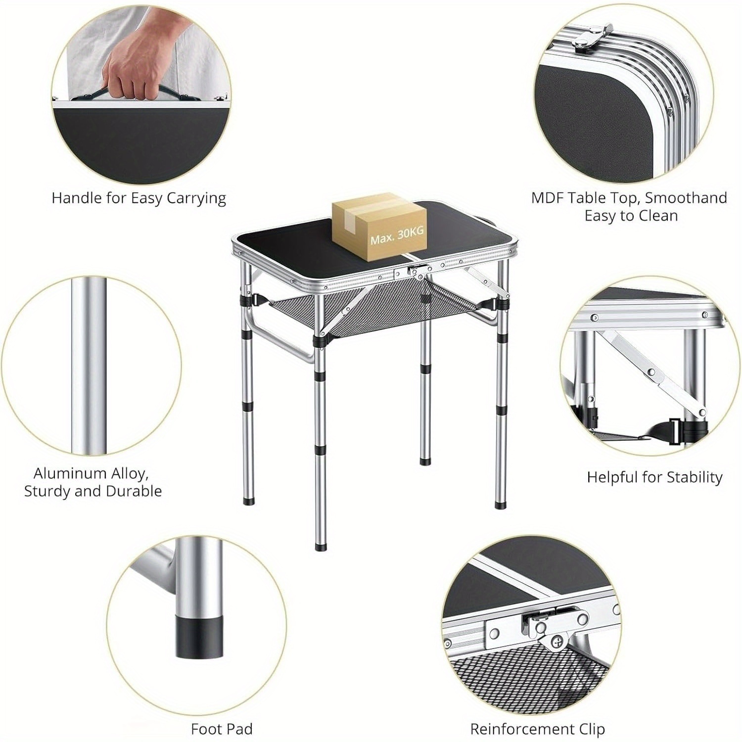 Portable Aluminum Folding Camping Table - Adjustable Height Lightweight with Carry Handle, Compact Foldable Design & Sturdy Legs for Outdoor Cooking, Picnic, Beach, Camp, Boat, Travel, Camping Table Foldable, Boat Table, Modern Slatted Top, Sturdy Construction