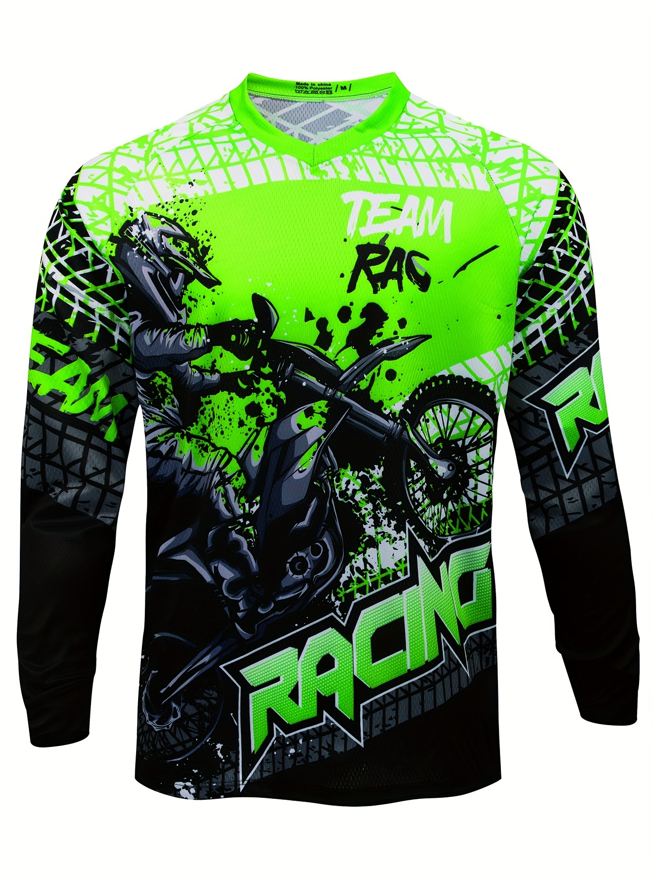 Men's Long Sleeve MTB Racing Downhill Bike Jersey - Full Coverage Motocross Shirt with Neon Green Motorcycle Graphic, Sweat-Wicking Breathable Polyester Racing Suit for Mountain Bike, Dirt Track, Motorcycle - All-Season Off-Road Cycling Apparel, Motocross Jersey, Outdoor Sports Apparel, Sporty Vneck Design, Raglan Sleeves Top, Highquality Print, Durable Sportswear
