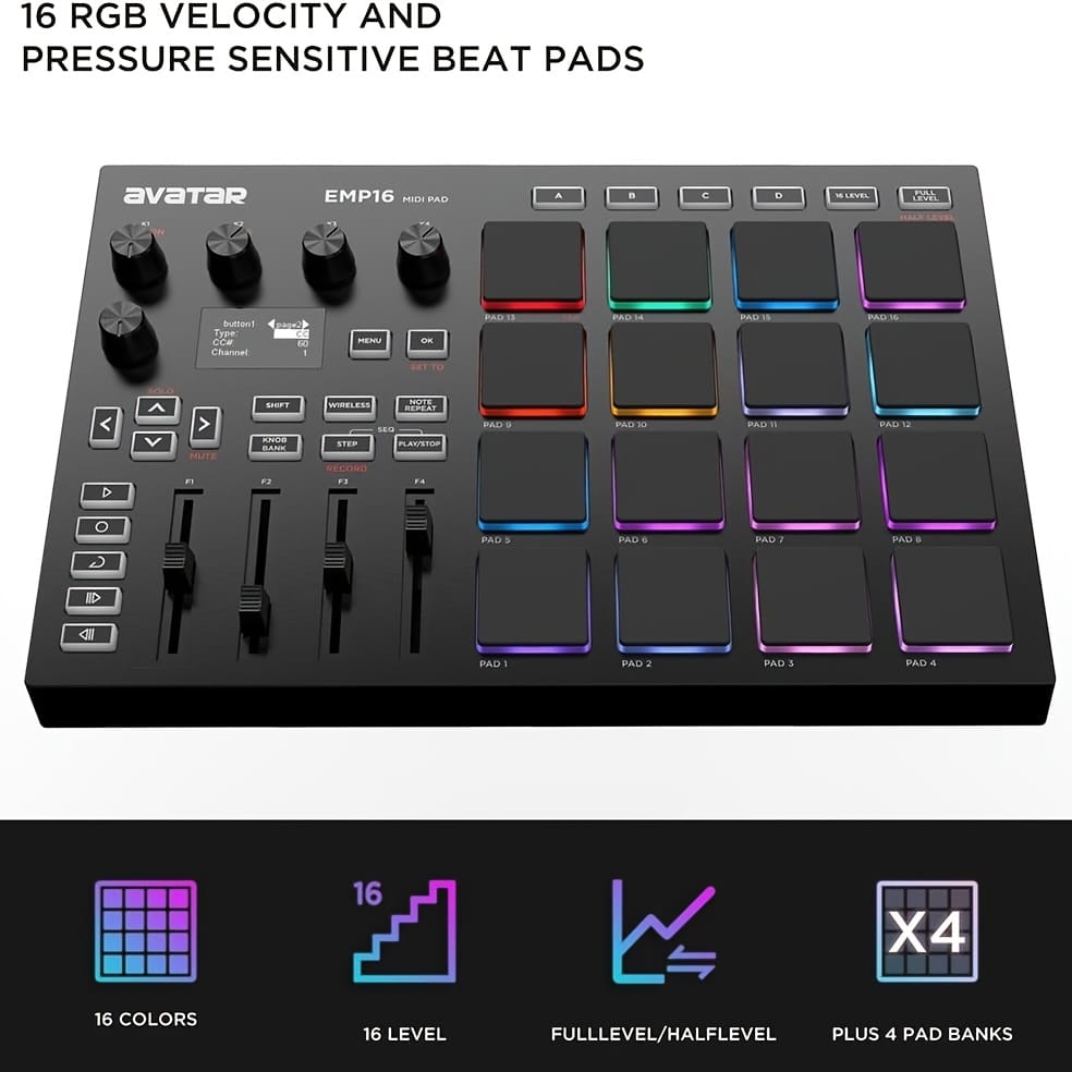 UTIMO MIDI Pad Controller Beat Maker Machine 16 RGB Velocity Sensitive Beat Pads, 16 Level, Full/Half Level, OLED Display, MIDI In/Out, USB Powered, Plastic, for Studio Recordin