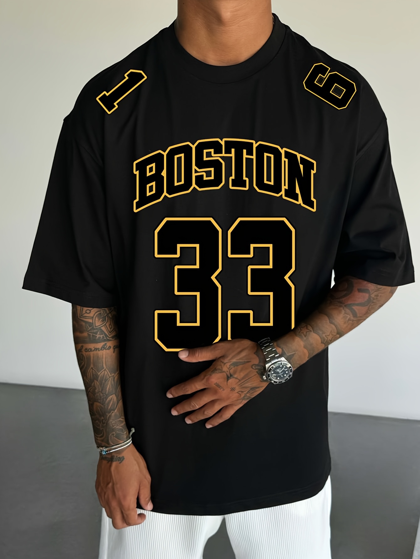 Men'S Boston 33 Jersey T-Shirt - Pink Casual Summer Tee with Black Number & Letter Print, Loose Fit Round Neck Tshirt for Adults, Fan Apparel, Comfortable Clothing, Durable Fabric, Perfect for Outdoor
