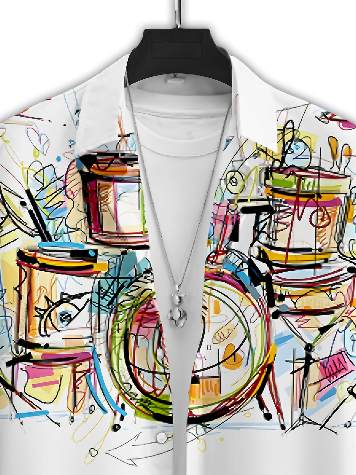 Men's short-sleeve shirt with a 3D printed colorful drum set music element graffiti pattern, featuring simple lines that add softness and artistic flair, combining elegance and fashionability, suitable for casual or light business occasions