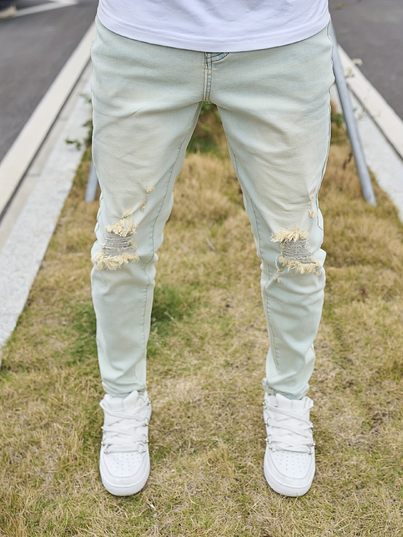 Men's Vintage Distressed Skinny Jeans - Light Blue Washed Stretch Denim with Frayed Hem & Ripped Knee, Slim-Fit Stretchable Classic Five-Pocket Pants for Casual & Semi-Formal Outfits (Machine Washable)