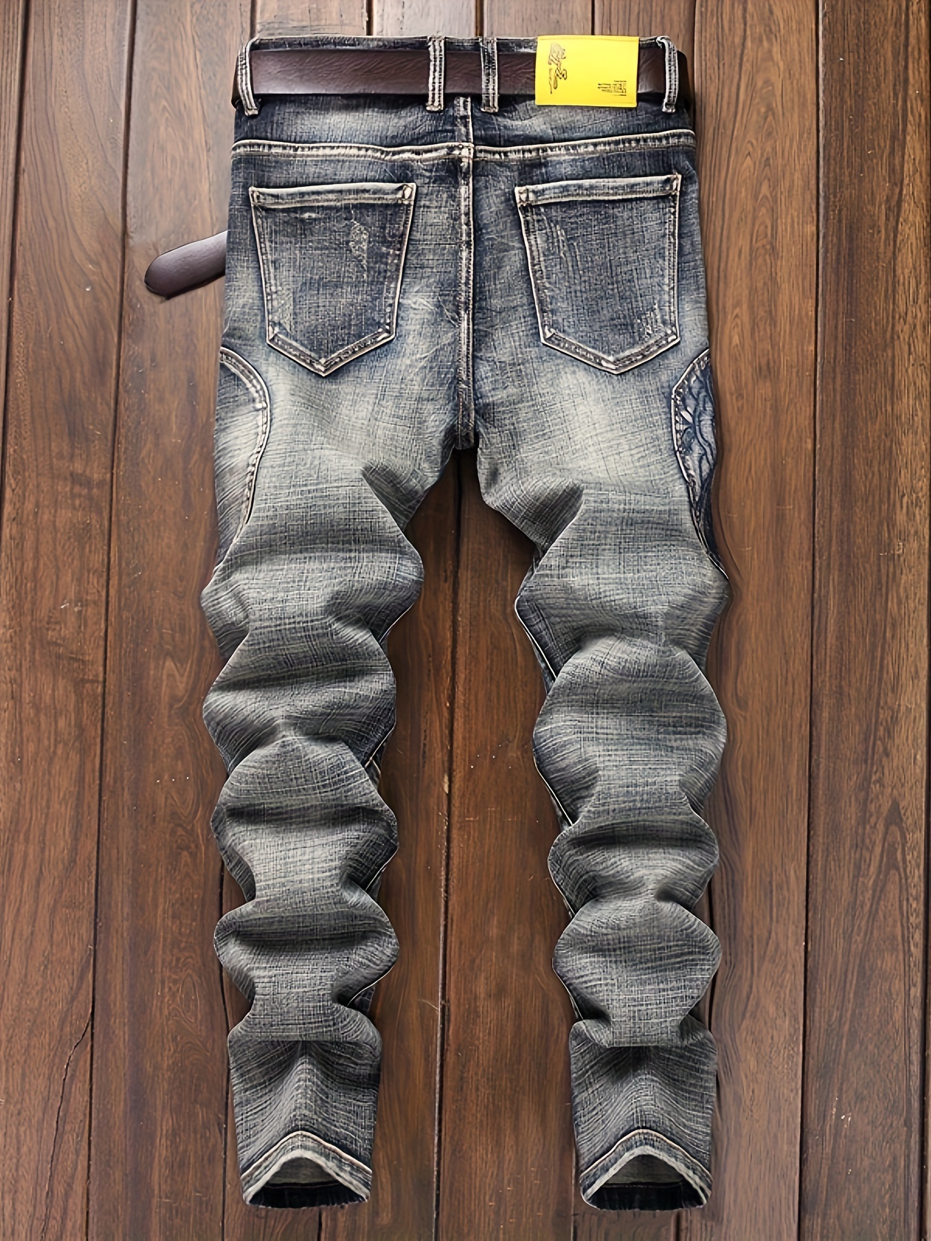 Middle Eastern Autumn European & American Trendy Denim Jeans for Men - Embroidered Slim Fit Skinny Pants, Retro Vintage Youth Patchwork Casual Long Trousers with Zipper