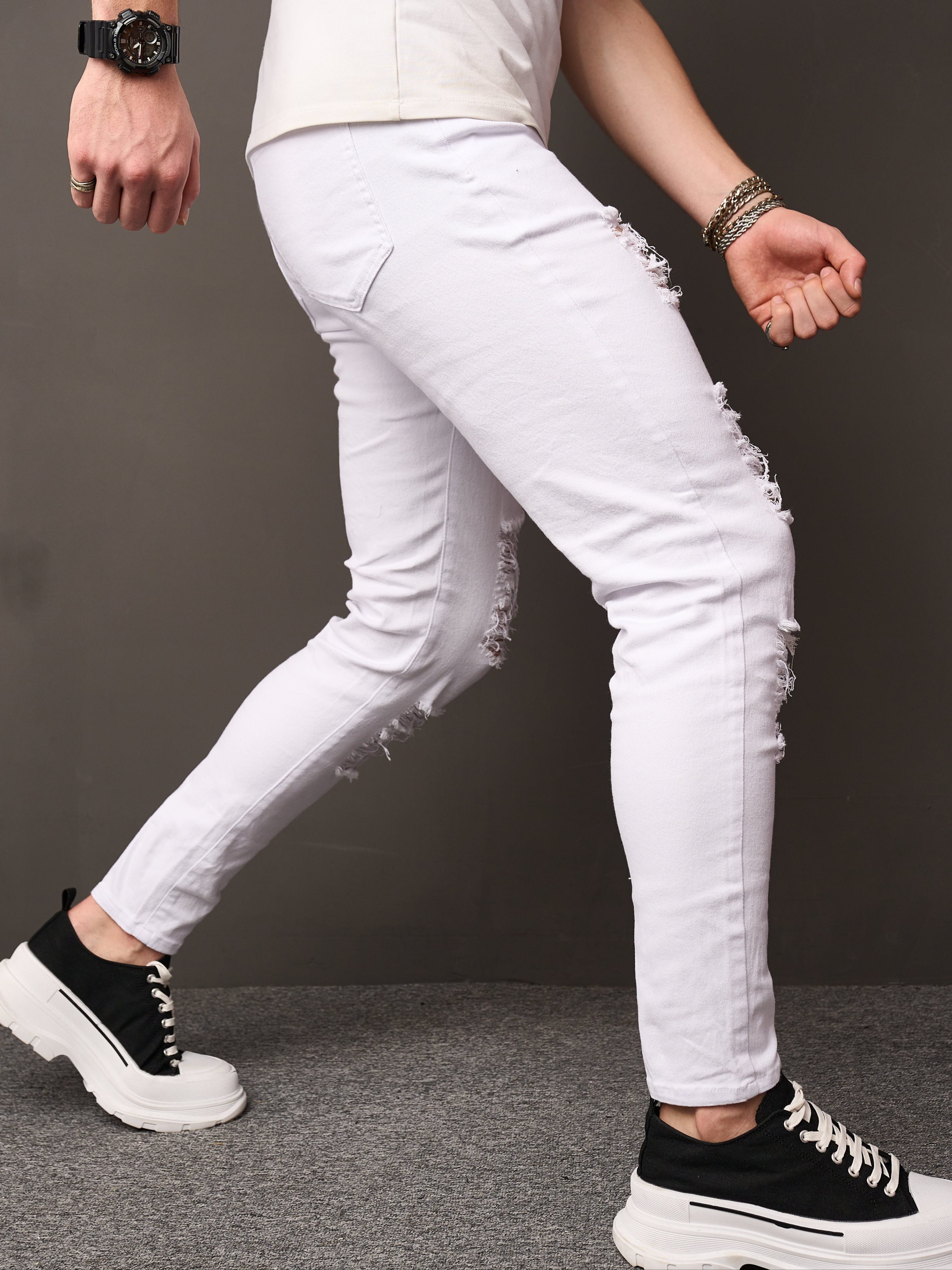 Men's Slim-Fit Straight-Leg White Jeans - Stretch Comfort Mid-Rise Office Commuter Pants, Machine Washable All-Season Casual Trousers for Adults