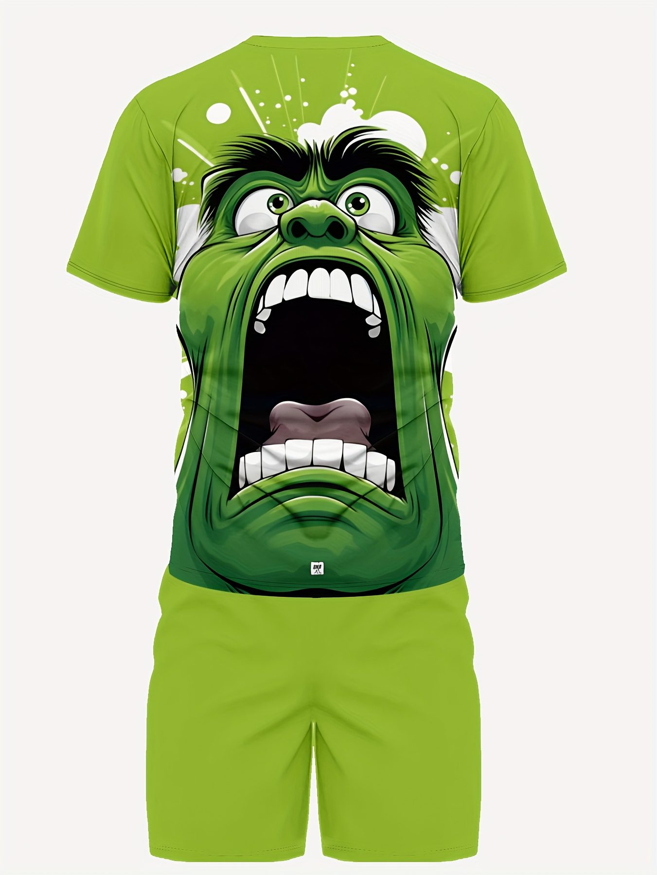 Marvel Series Green Giant Material Men'S New Sports Suit T-shirt and Shorts Two-piece Set, Suitable for Sports, Casual Wear, Running, Fitness, Beach Vacation, Breathable and Sweat-Absorbent Comfort, Sweat-Resistant