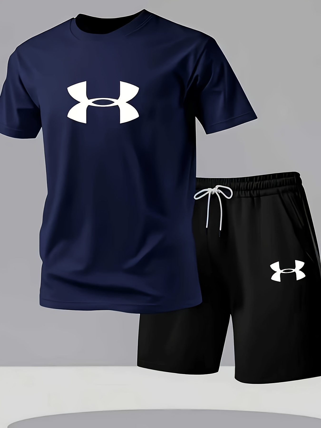 Elson OBM 2pcs Men's Casual Sportswear Set, Fashionable Pattern Print Round Neck T-Shirt and Drawstring Shorts for Summer Outdoor Activities