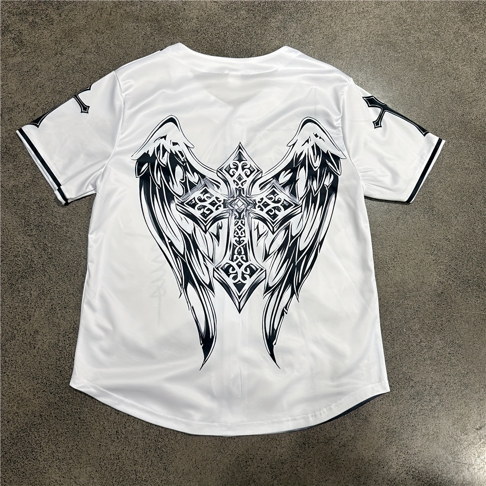 2025 Summer New Classic Prayer Jesus Tech Print Men'S Short Sleeve Baseball Jersey - Stylish Back Wing Design, Polyester Knit Fabric, Button-Up with Black Trim, Perfect for Sports & Casual Wear, Casual Sportswear | Prayer Design | Knit Construction, Baseball Jersey