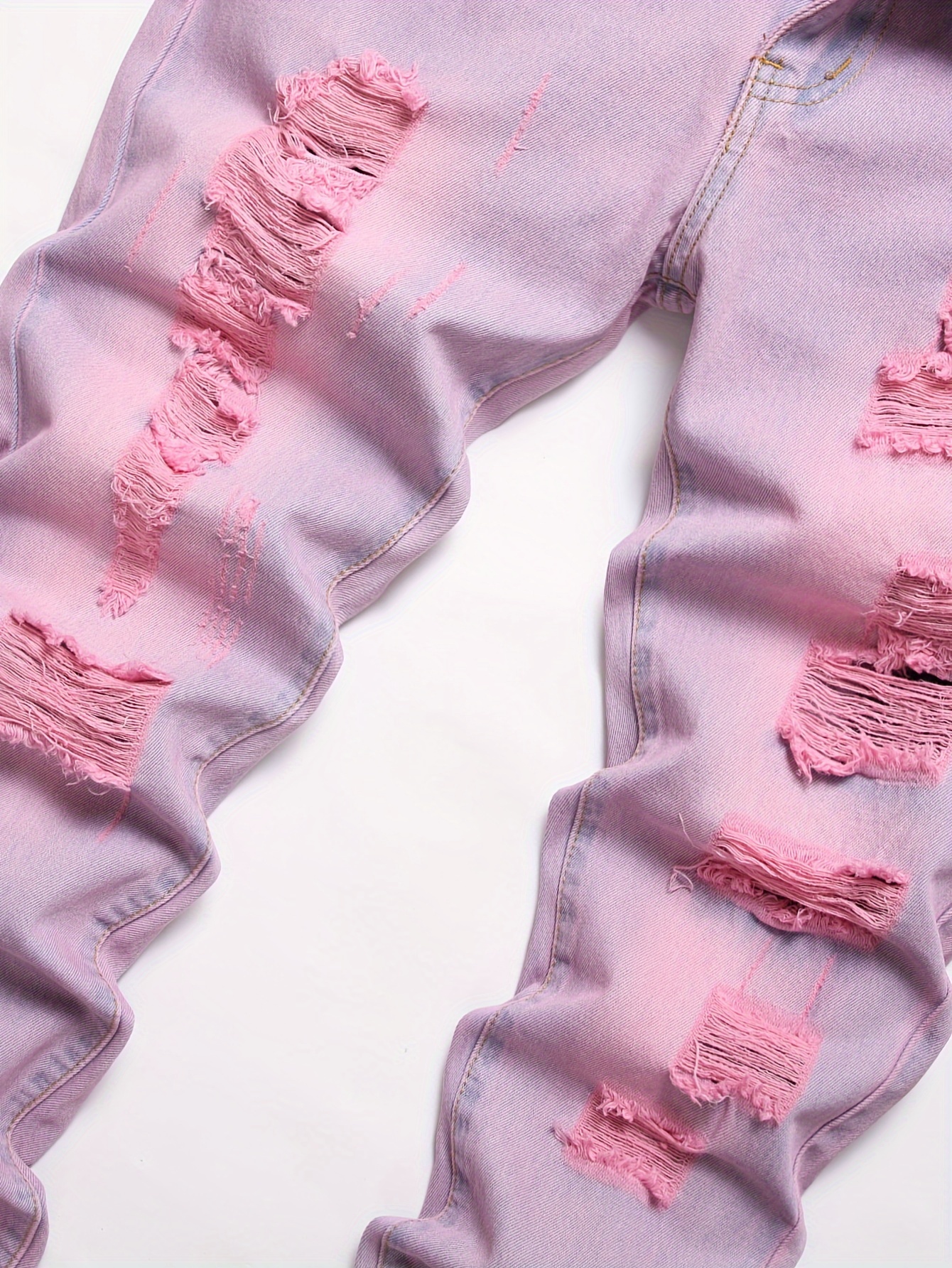 European and American Men's Pink Ripped Slim Fit Straight-Leg Jeans