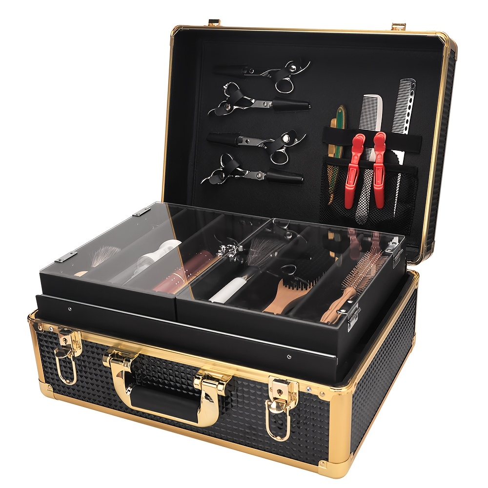 Hexagonal Aluminum Alloy Toolbox - Black & Golden Professional-Grade Multi-Compartment Organizer for Hairstylists, Makeup Artists & Electricians - Durable Portable Metal Tool Storage Case with Secure Latches, Goldtoned Hardware