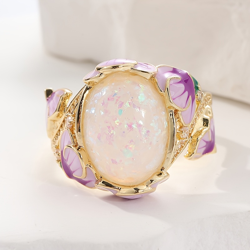 Vintage Floral Enamel Ring for Women - Boho Style Copper with Synthetic Cubic Zirconia, Purple & Green Flower Design, Perfect for Daily Wear or Gifting, Vintage Jewelry