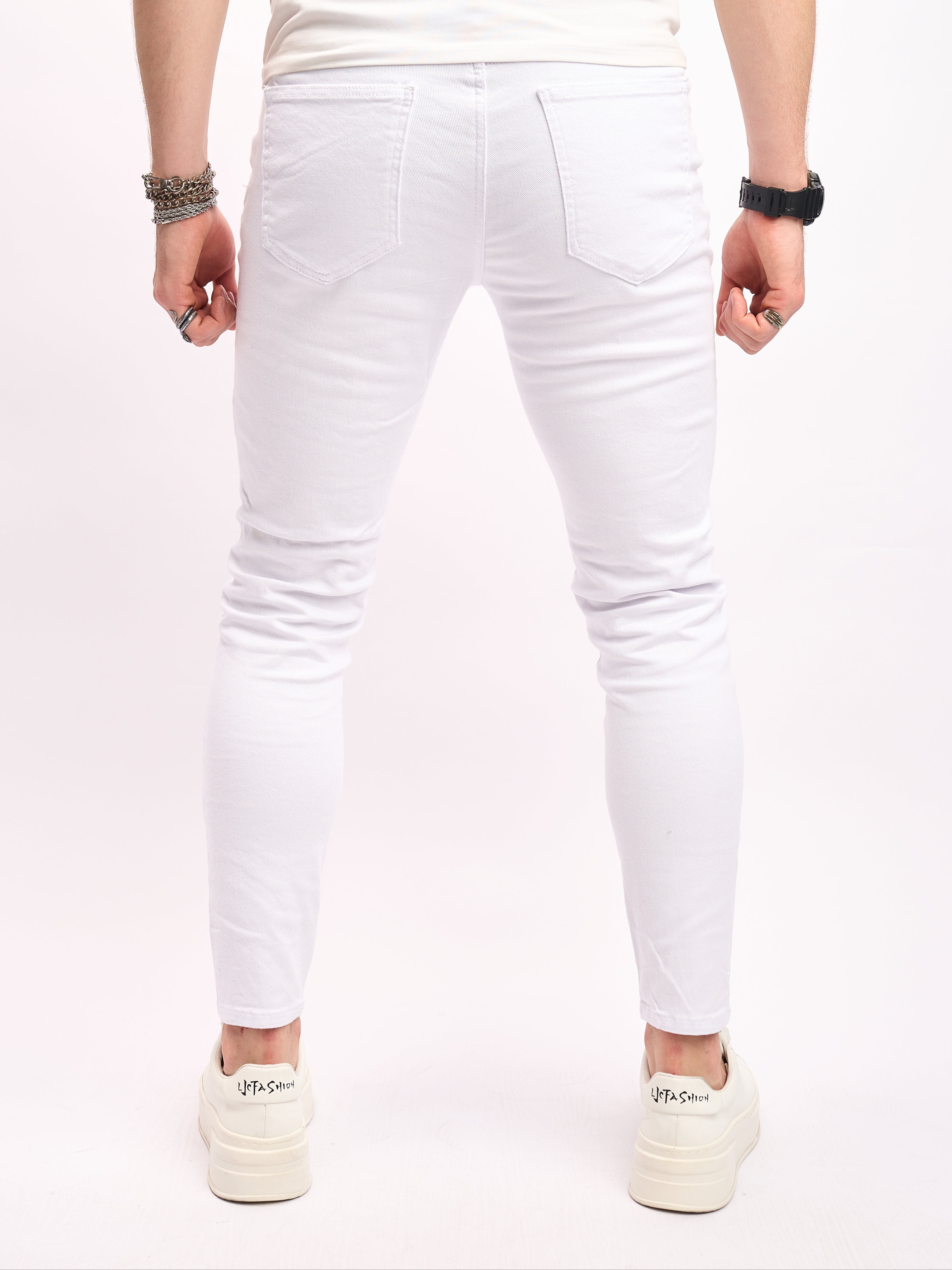 Men's Slim-Fit Straight-Leg White Jeans - Stretch Comfort Mid-Rise Office Commuter Pants, Machine Washable All-Season Casual Trousers for Adults