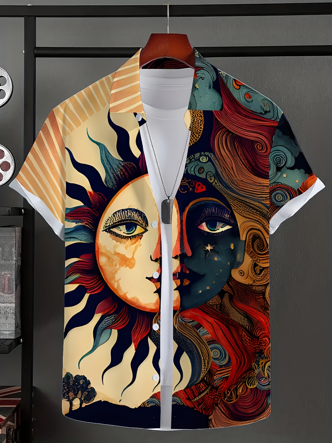 Men'S Summer Short Sleeve Shirt - Vibrant Sun and Moon Design, Casual Button-Up Style, Non-Stretch Fabric, Regular Fit, Perfect for Casual Attire, Summer Casual Wear | Vibrant Print Shirt | Nonstretch Fabric