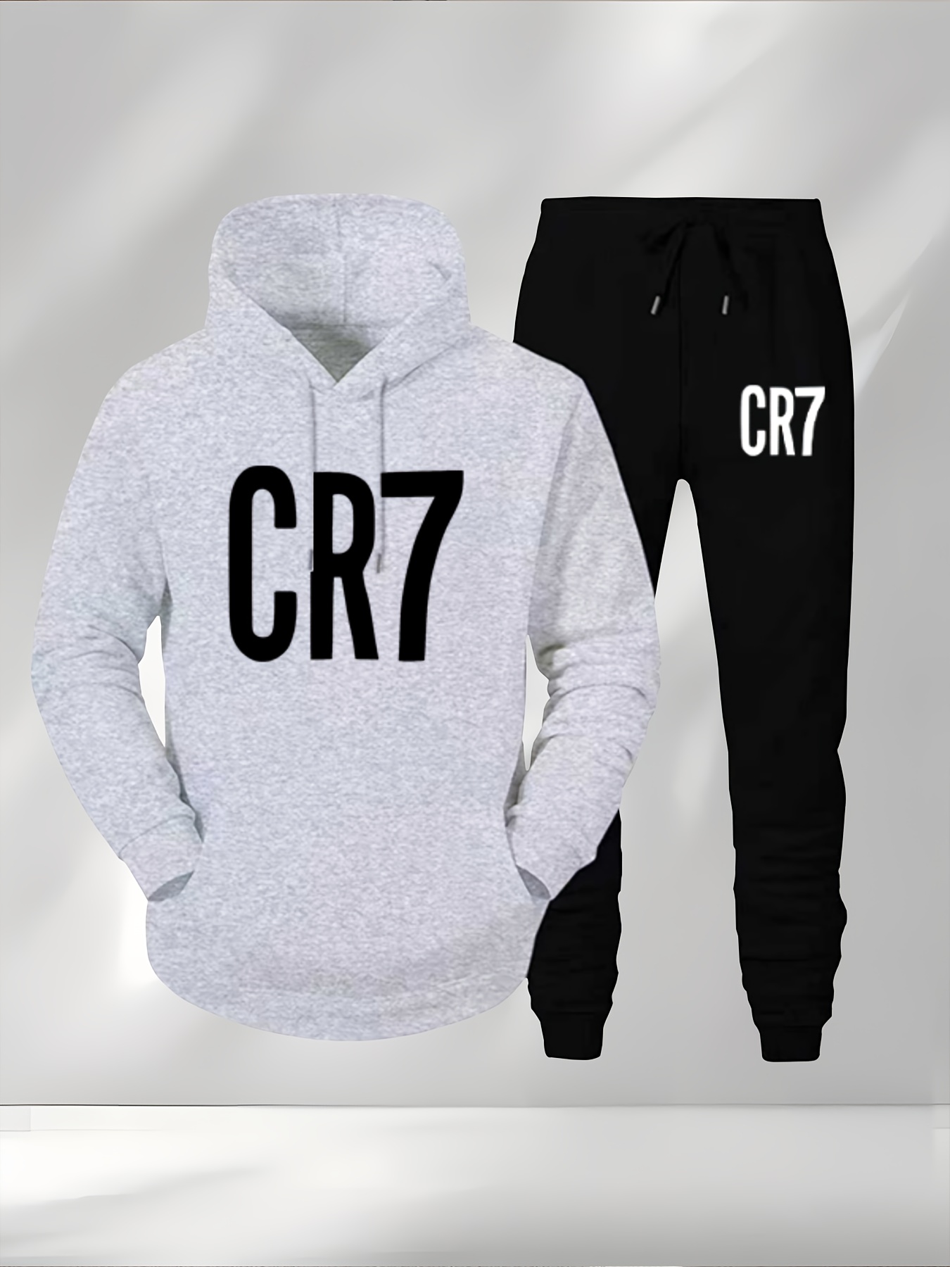 Men'S CR7 Soccer Jersey - Black Hooded Sweatshirt & Joggers Set, Quick-Dry Polyester, Loose Fit, Geometric Pattern, Ideal for Fall/Winter Sports & Casual Wear, Soccer Jersey|Casual Sportswear|Stretchy Fabric