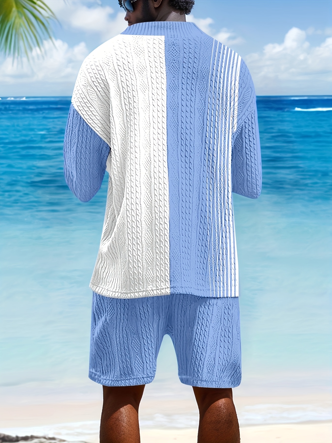 Casual jacquard Men's set: Summer loose short-sleeved knitted top and shorts