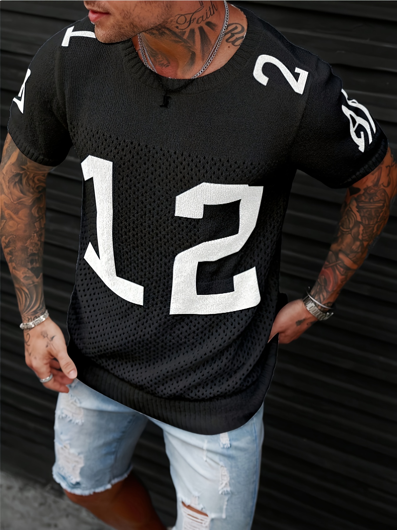 Men'S Green & Golden Number 12 Football Jersey - Casual Knit Crew Neck Pullover with Geometric Pattern, Regular Fit for Summer Wear, Sports Fan Apparel | Geometric Pattern Top | Stretchy Fabric, Football Shirt