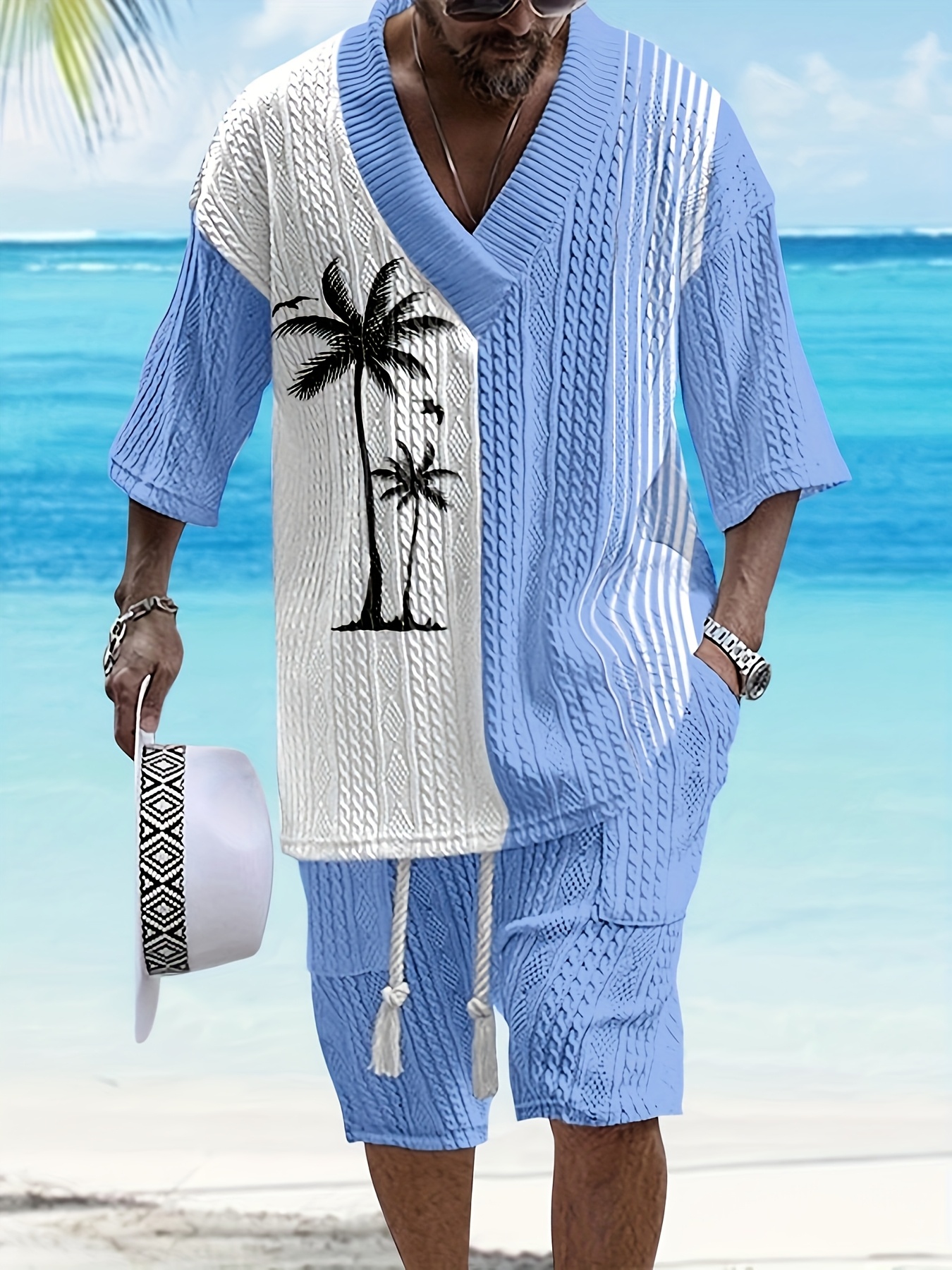 Casual jacquard Men's set: Summer loose short-sleeved knitted top and shorts