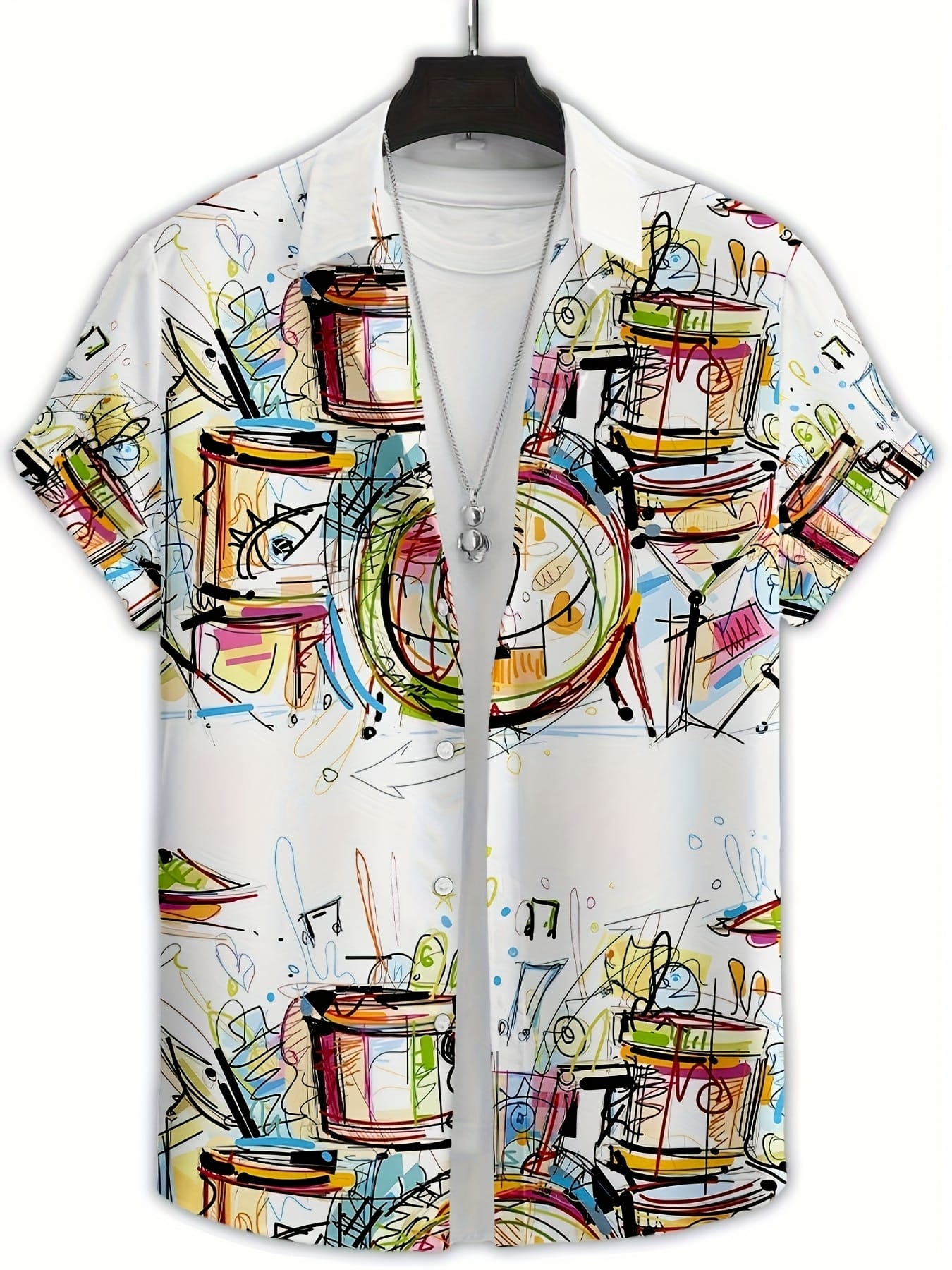 Men's short-sleeve shirt with a 3D printed colorful drum set music element graffiti pattern, featuring simple lines that add softness and artistic flair, combining elegance and fashionability, suitable for casual or light business occasions