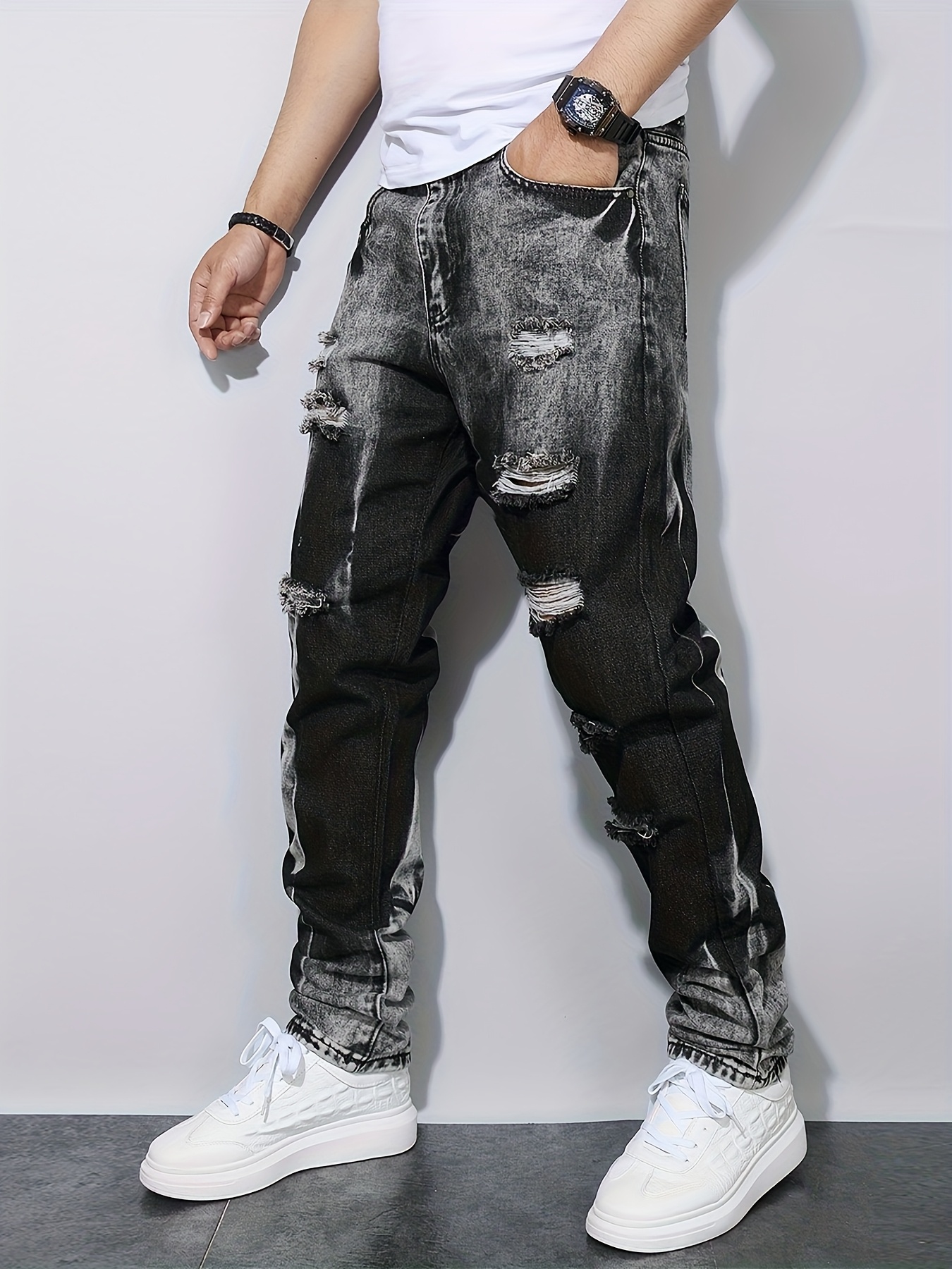 Men'S Black Distressed Faux Denim in European And American Style with Full Rips for Instagram.