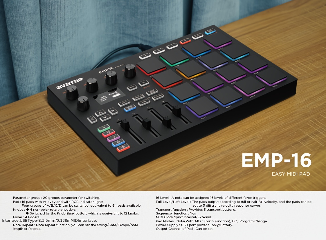 UTIMO MIDI Pad Controller Beat Maker Machine 16 RGB Velocity Sensitive Beat Pads, 16 Level, Full/Half Level, OLED Display, MIDI In/Out, USB Powered, Plastic, for Studio Recordin