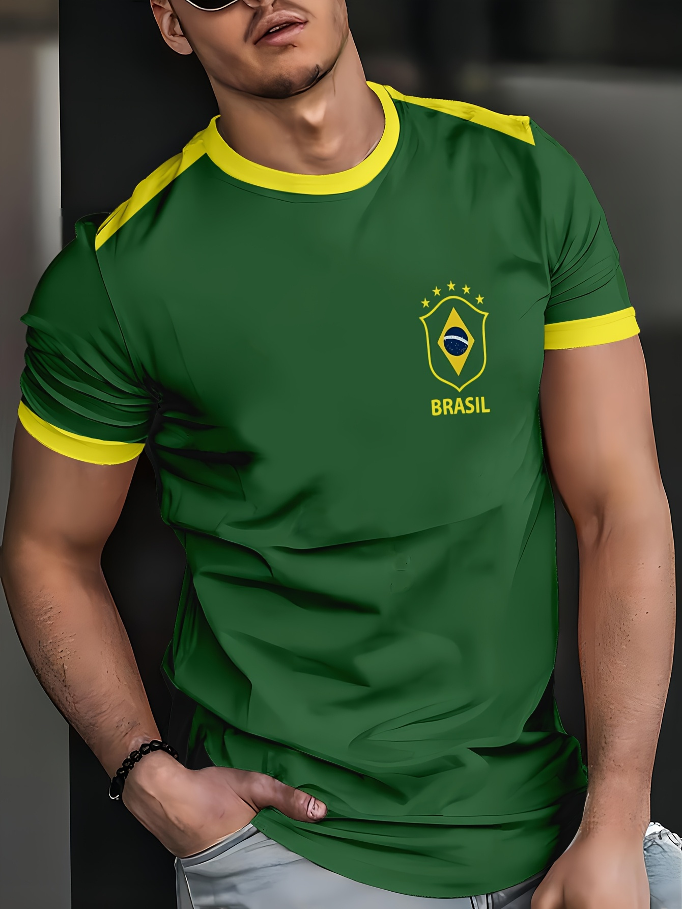 Men'S Brazil Soccer Jersey T-Shirt - Yellow with Green Trim, Breathable Polyester Fabric, Regular Fit, Ideal for Outdoor Activities & Casual Wear, Casual Wear Shirt | Sporty Design | Knit Construction, PLUS SIZE