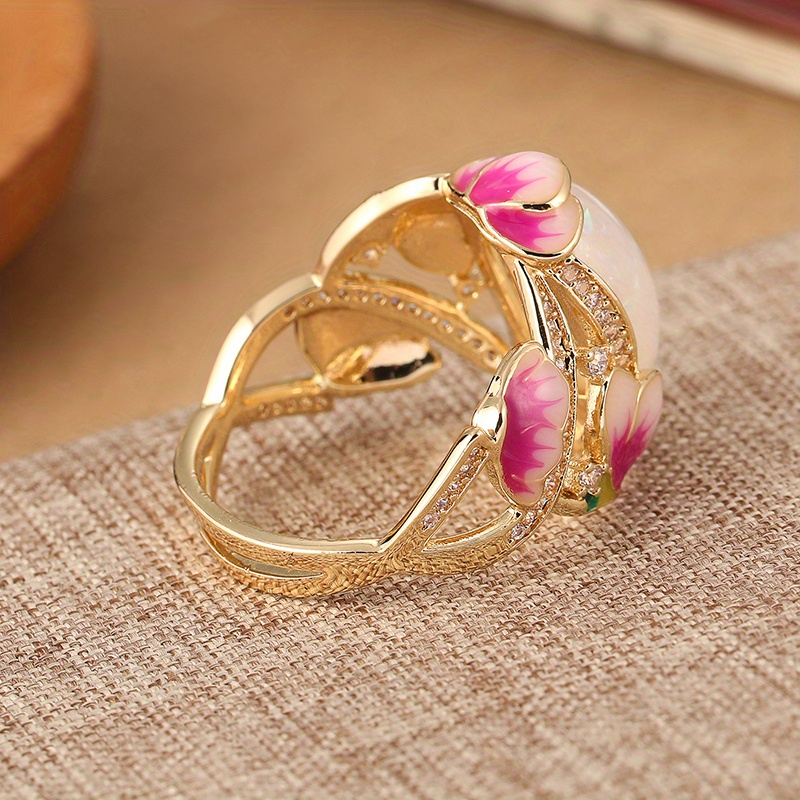 Elegant Vintage-Inspired Enamel Ring with Synthetic Opal - Noble Golden Plated, Pink Floral Accents, Perfect for Holiday Parties & Daily Wear, Unique Gift Idea, Holiday Accessory|Elegant Enamel Ring|Detailed Craftsmanship, Christmas Jewelry