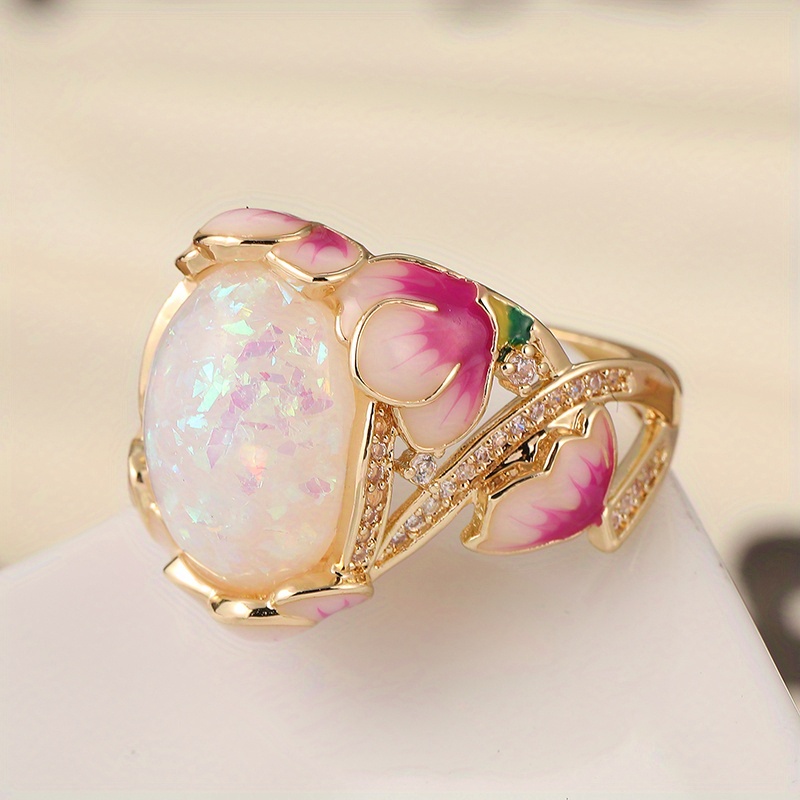 Elegant Vintage-Inspired Enamel Ring with Synthetic Opal - Noble Golden Plated, Pink Floral Accents, Perfect for Holiday Parties & Daily Wear, Unique Gift Idea, Holiday Accessory|Elegant Enamel Ring|Detailed Craftsmanship, Christmas Jewelry