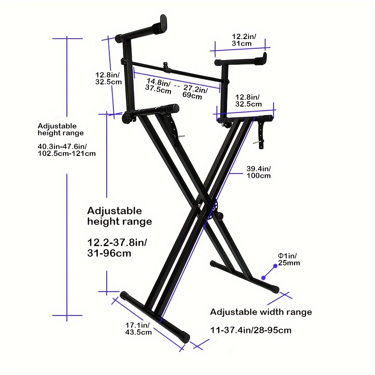 Pro Series Portable 2-Tier Double Keyboard Stand with Locking Straps, Adjustable Height & Angle, Sturdy X-Frame Design - Heavy-Duty Black Iron Construction for Stage, Studio, Home Use - Secure Keyboard Holder & Durable Music Equipment Setup, Studio Furniture, Locking Mechanism